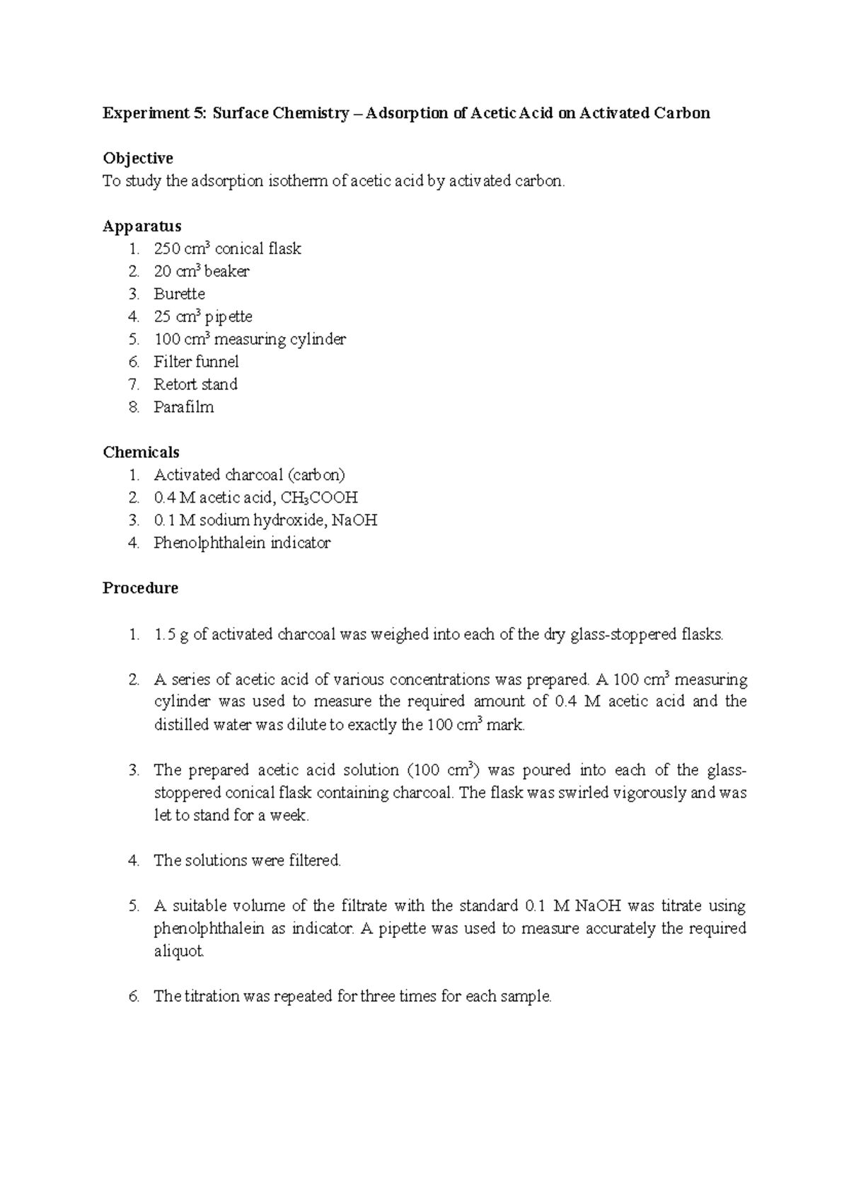 CHM432 Experiment 5 Experiment 5 Surface Chemistry Adsorption of Acetic Acid on Activated