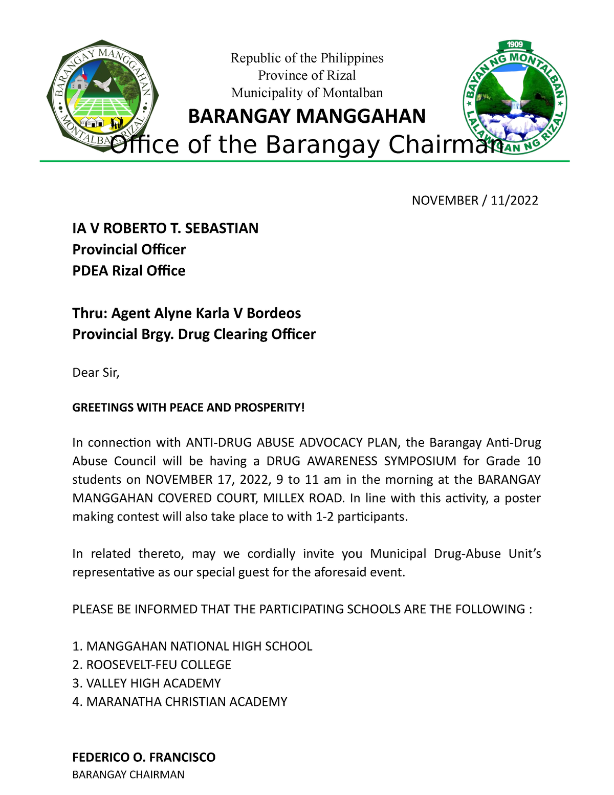 Invitation Letter to PDEA november 11 2022 Republic of the