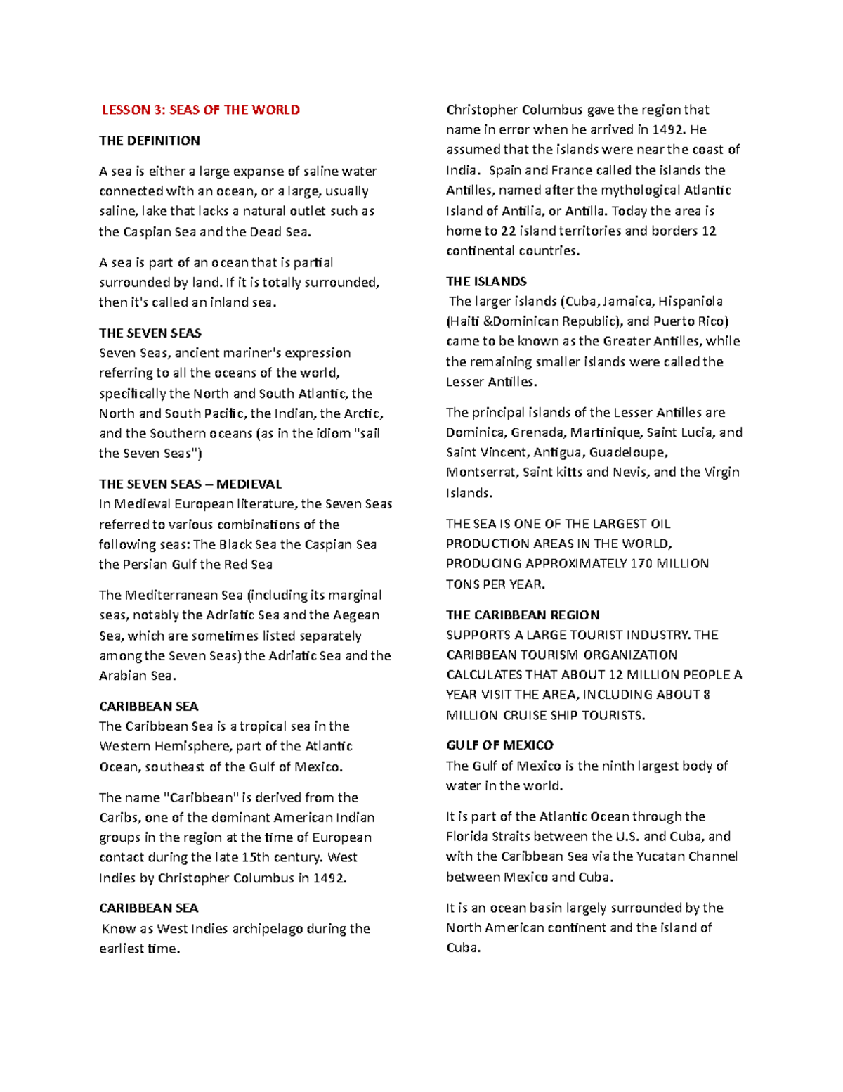 Geo- Lesson-3 - Notes - LESSON 3: SEAS OF THE WORLD THE DEFINITION A ...