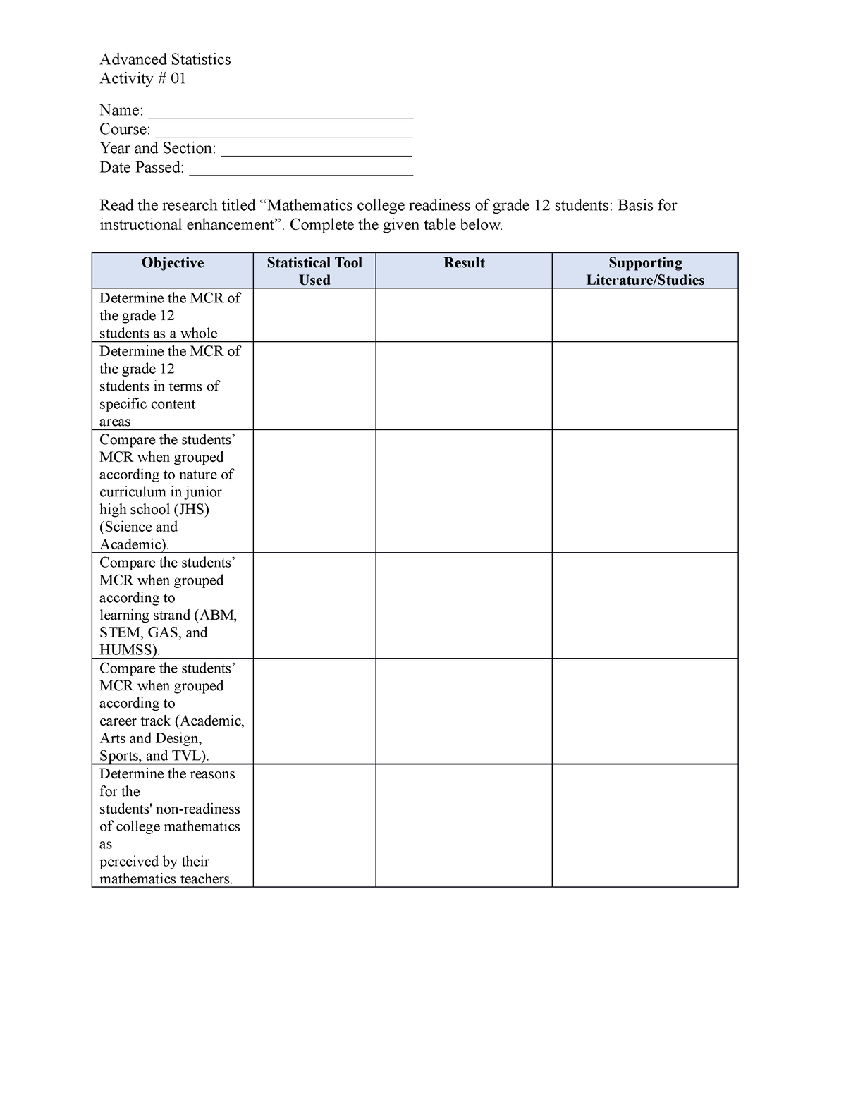 Activity-01 - statistics - Advanced Statistics Activity # 01 Name