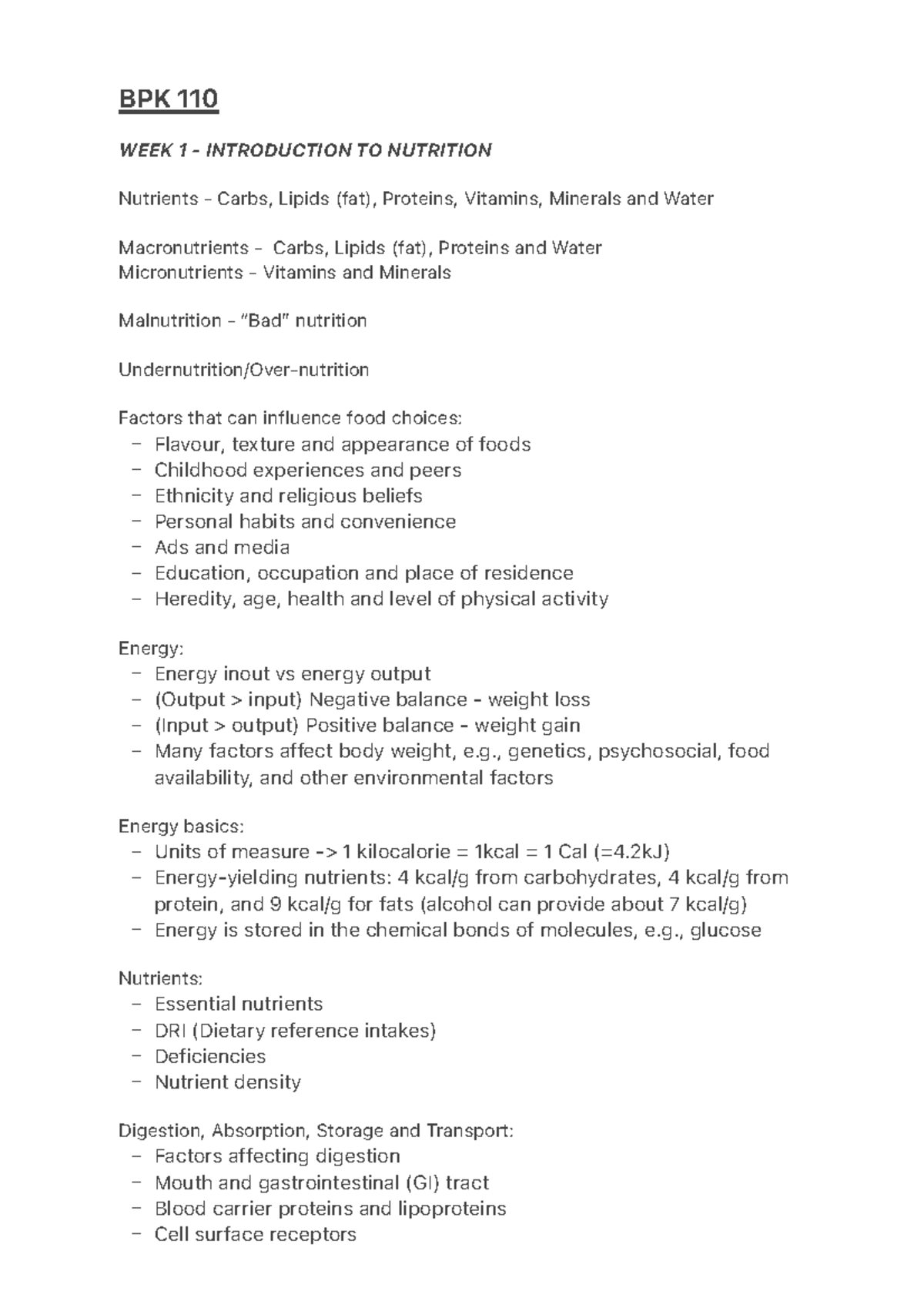 Lecture 1 Notes - – – – – – – – – – – – – – – – – – – – – – – BPK 110 ...