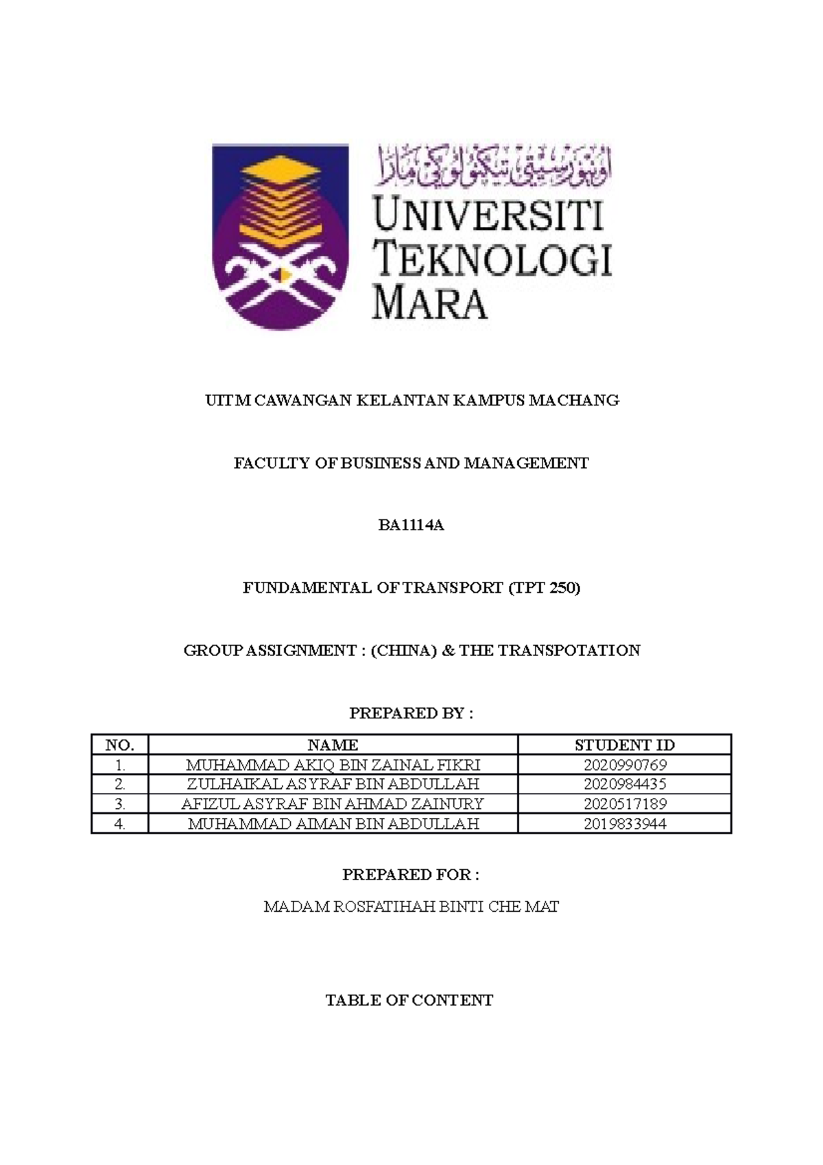 Assignment Group TPT 250 - UITM CAWANGAN KELANTAN KAMPUS MACHANG ...