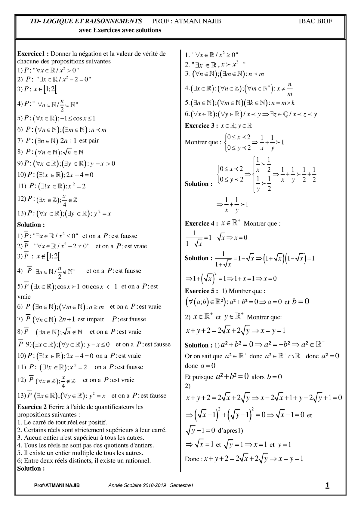 Logique Mathematique Corrige Serie D Exercices Td Logique Et Raisonnements Prof Atmani