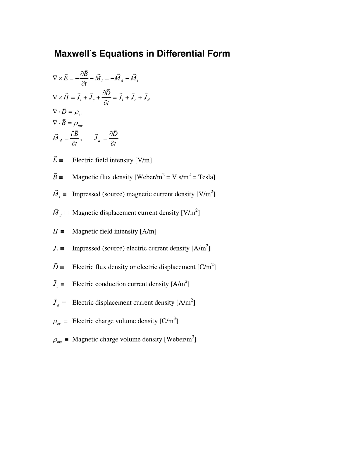 Maxwell equations in Differential form - ####### Maxwell’s Equations in ...