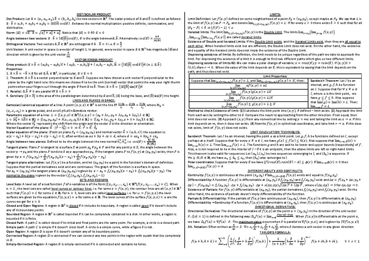 Calculus 2 - Formulas - DOT/SCALAR PRODUCT Dot Product: Let ̅ ( ) ̅ ...