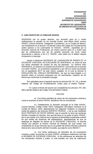 371619492 Incidente de Liquidacion de Sociedad Conyugal en Ejecucion de  Sentencia - XXXXXXXXXX VS - Studocu