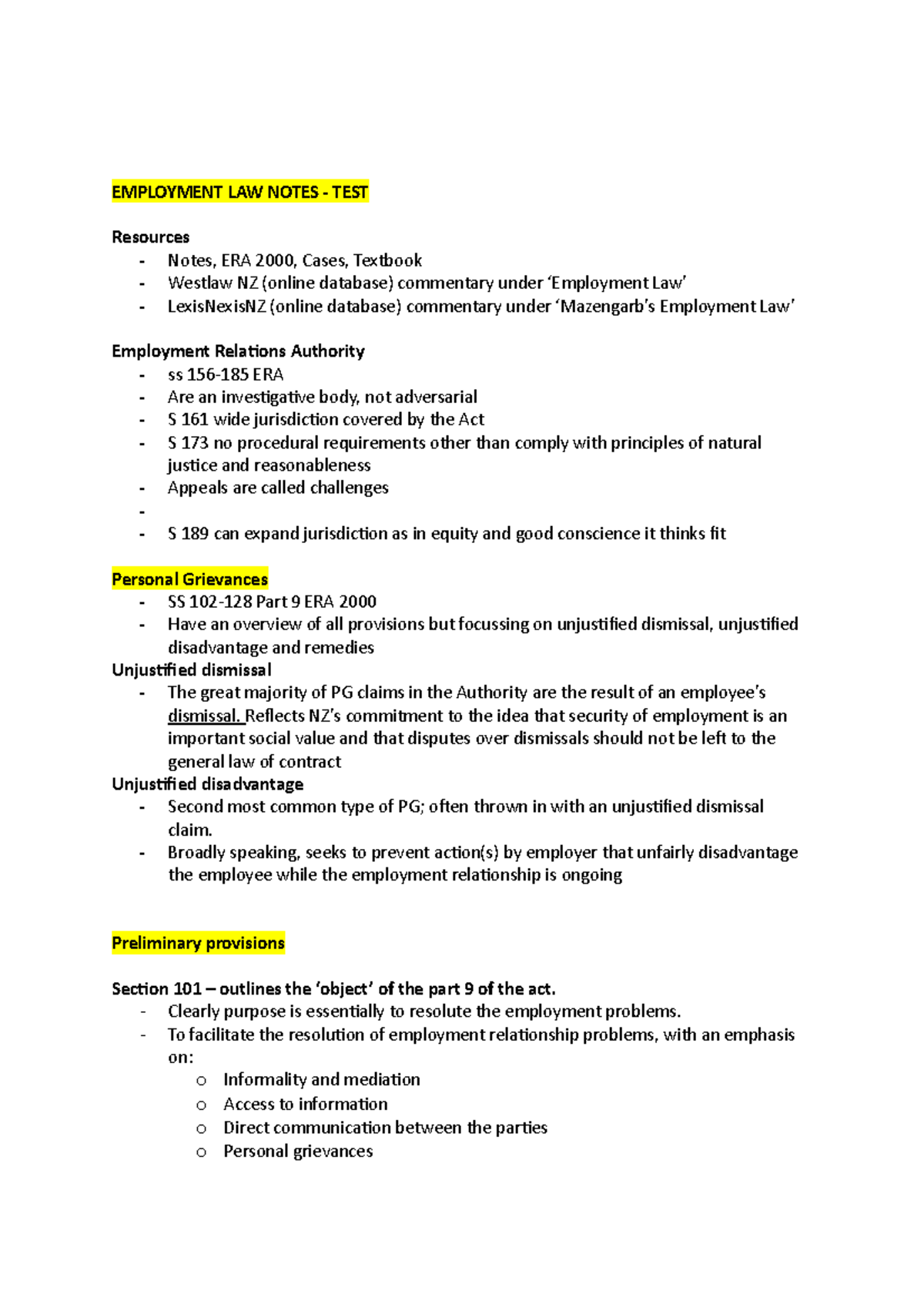 Personal Grievances Exam EMPLOYMENT LAW NOTES TEST Resources