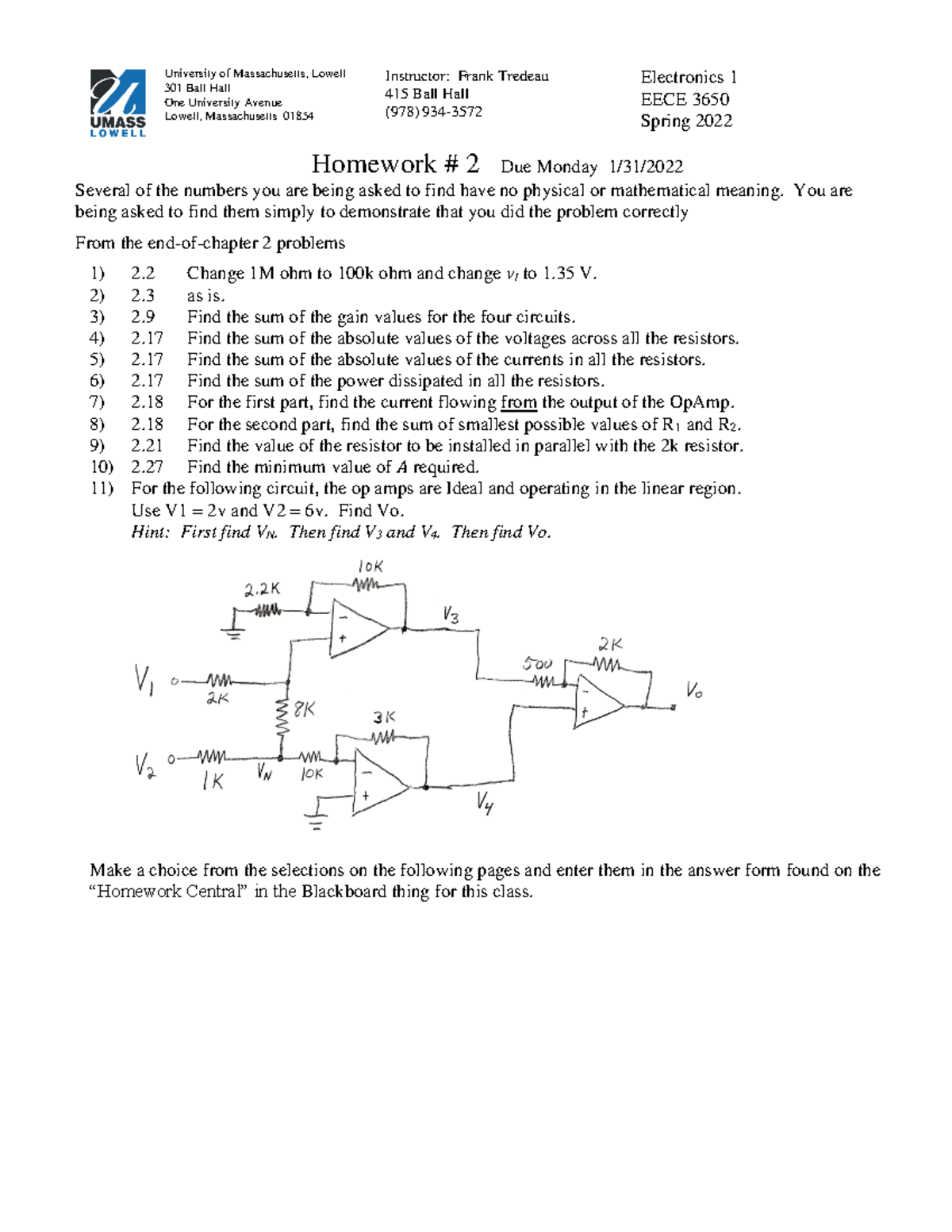 HW 2 Op Amps (1) For BB - Homework - Homework # 2 Due Monday 1/31 ...