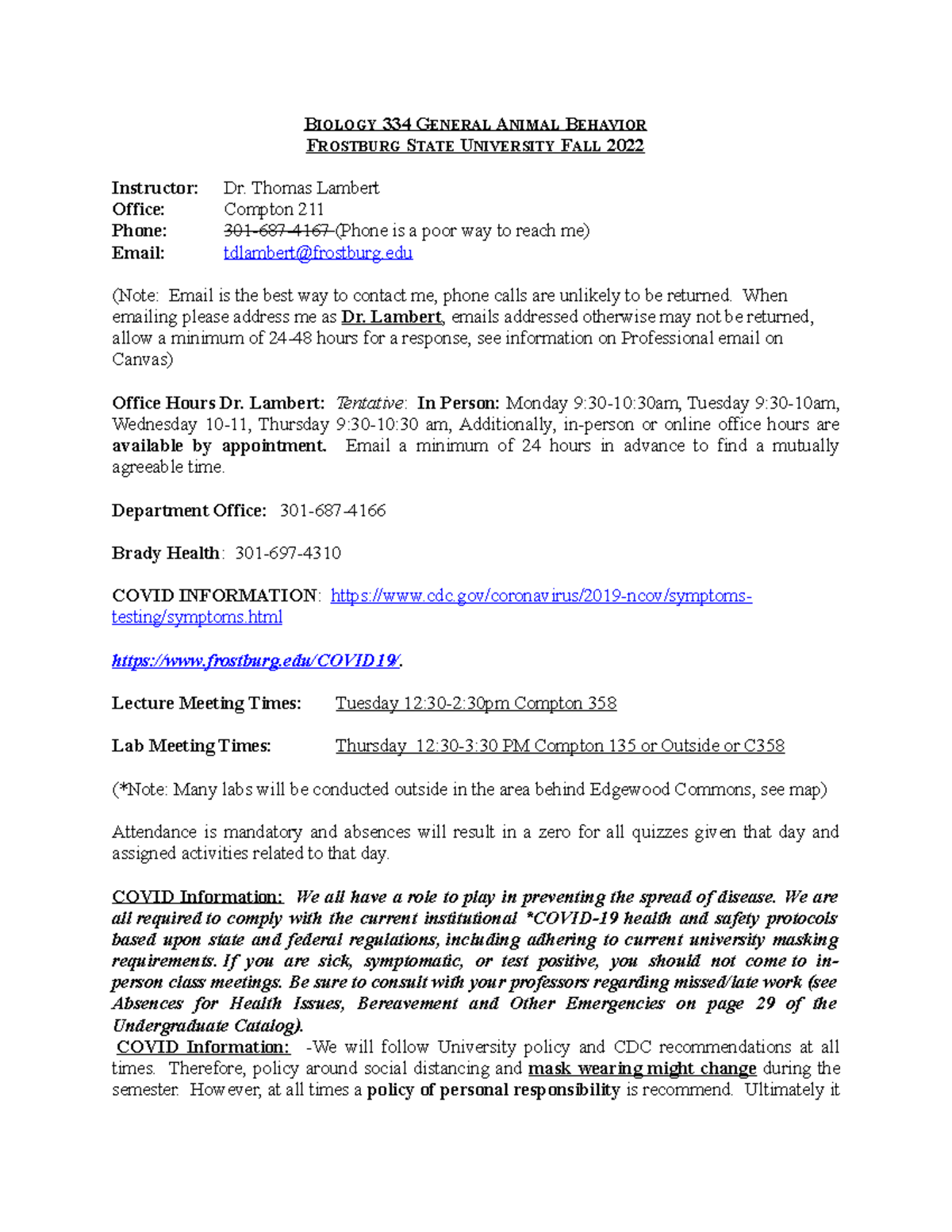 AB syllabus Fall2022 BIOLOGY 334 GENERAL ANIMAL BEHAVIOR FROSTBURG