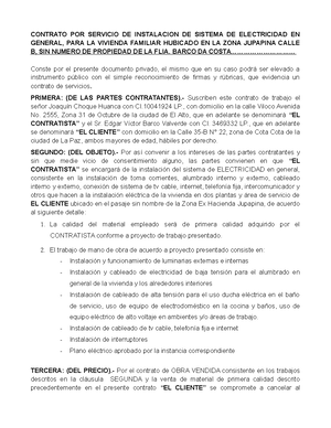 Contrato Electricidad - CONTRATO POR SERVICIO DE INSTALACION DE SISTEMA DE  ELECTRICIDAD EN GENERAL, - Studocu