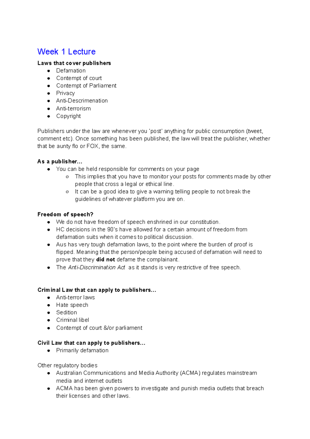 Week 1 Lecture Notes - Week 1 Lecture Laws that cover publishers ...