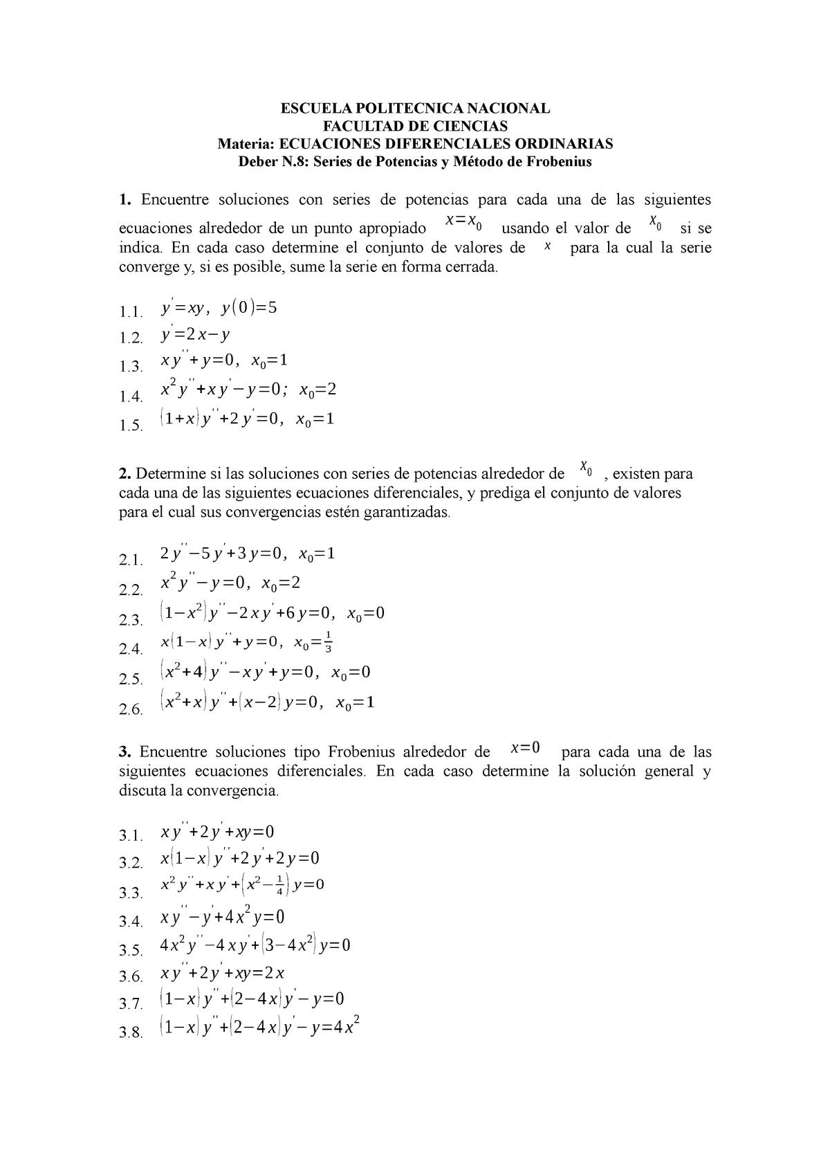Deber 8 Series De Potencias Ecuaciones Diferenciales Edo Epn Studocu