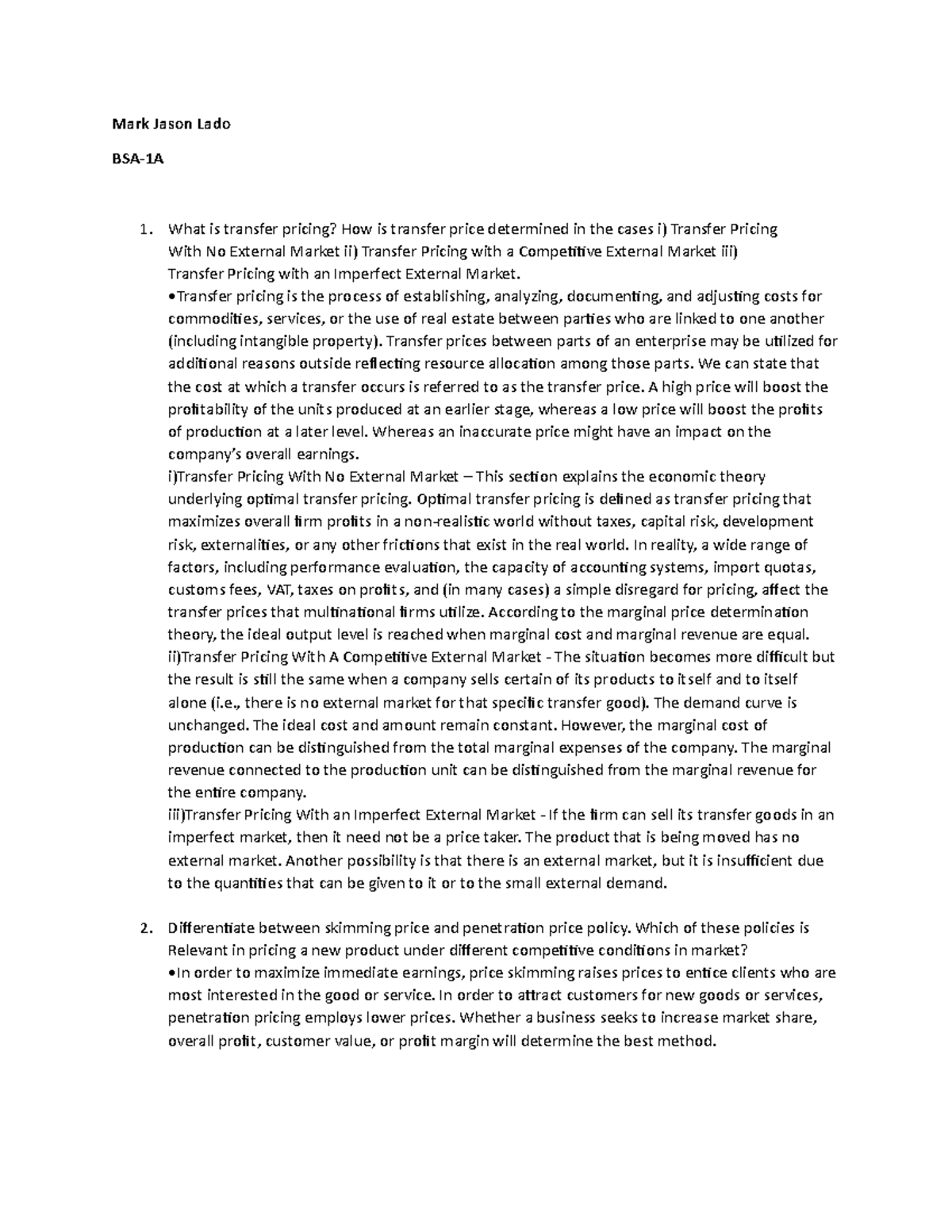 L10. Managerial Economics Mark Jason Lado BSA1A What is transfer