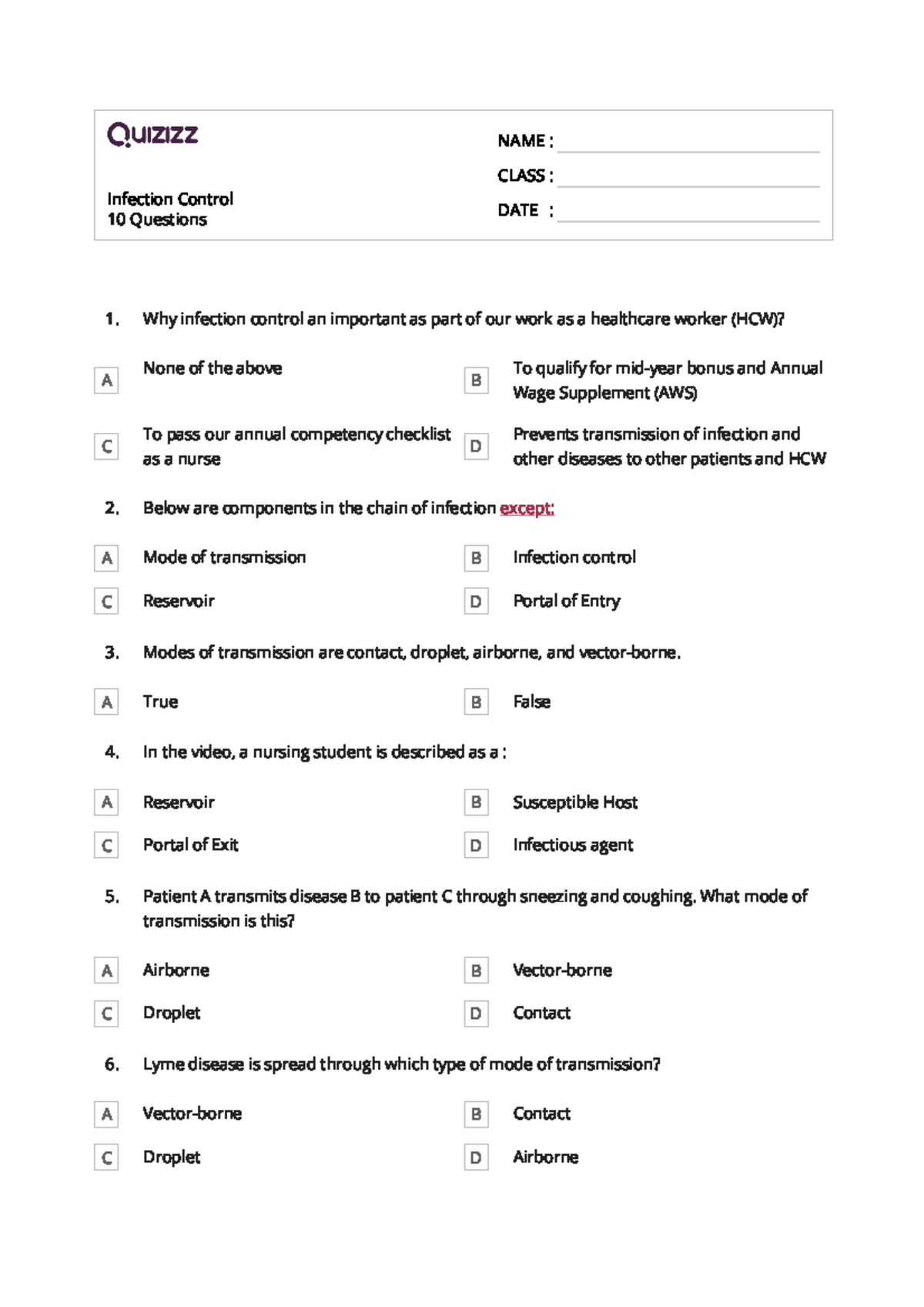 Quizz of Standard Precaution Infection Control 10 Questions NAME