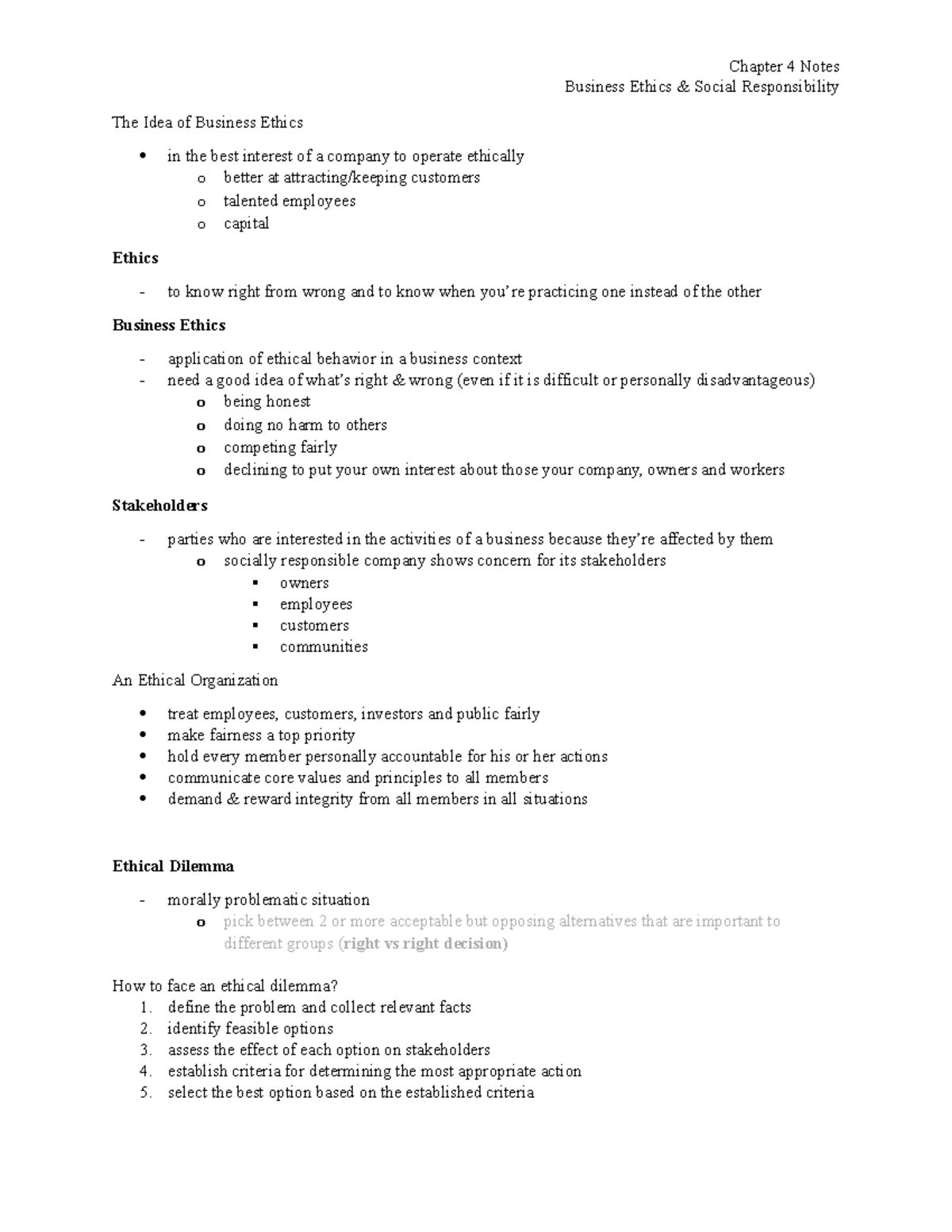 Chapter 4 Notes - Chapter 4 Notes Business Ethics & Social  Responsibility The Idea of Business - Studocu