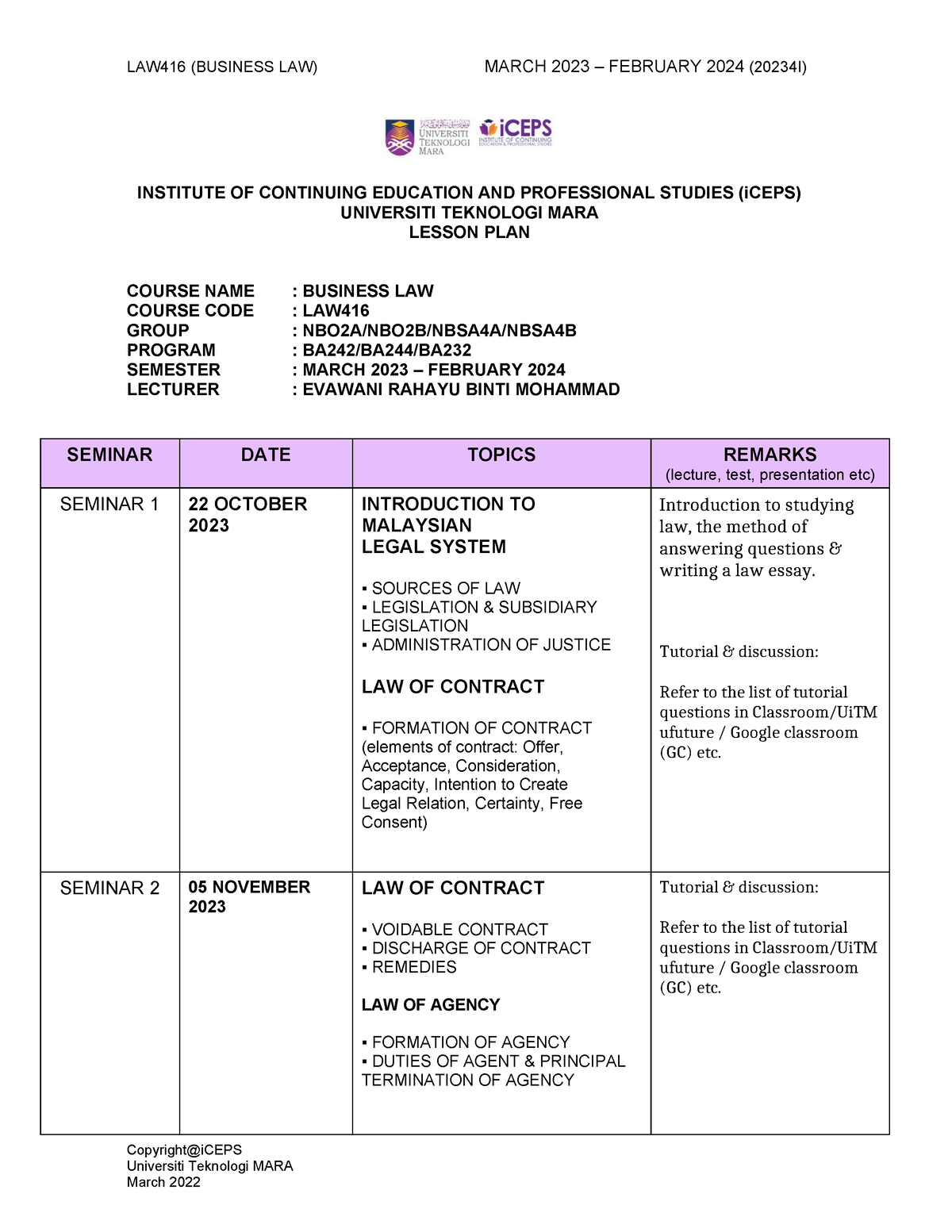 Lesson PLAN LAW416 OCT 2023 FEB 2024 Iceps LAW416 BUSINESS LAW   Thumb 1200 1553 