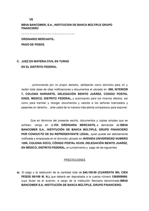Demanda juicio ordinario mercantil - VS BBVA BANCOMER, S., INSTITUCION DE  BANCA MÚLTIPLE GRUPO - Studocu