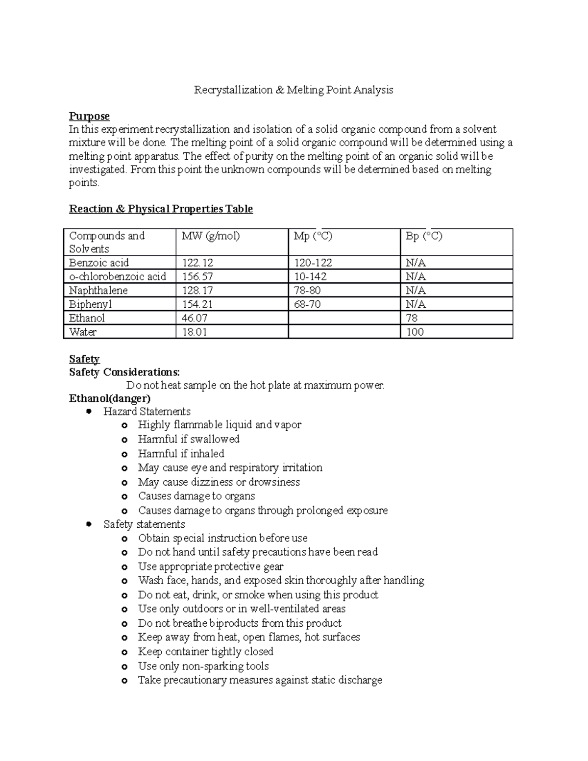 Lab report 3 Recrystallization and Melting point analysis