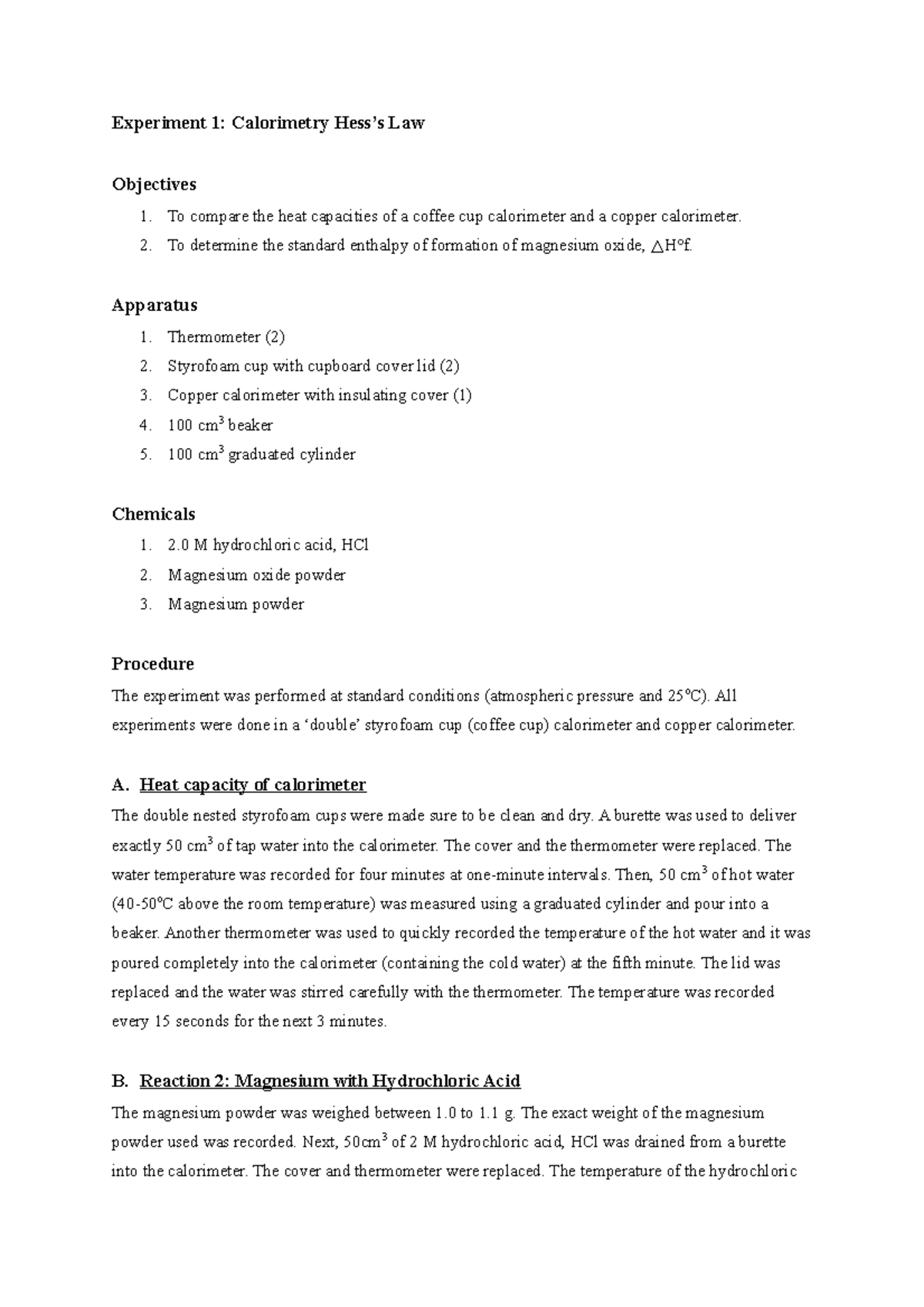 CHM432 Experiment 1 Calorimetry Hess's Law Experiment 1 Calorimetry Hess’s Law Objectives