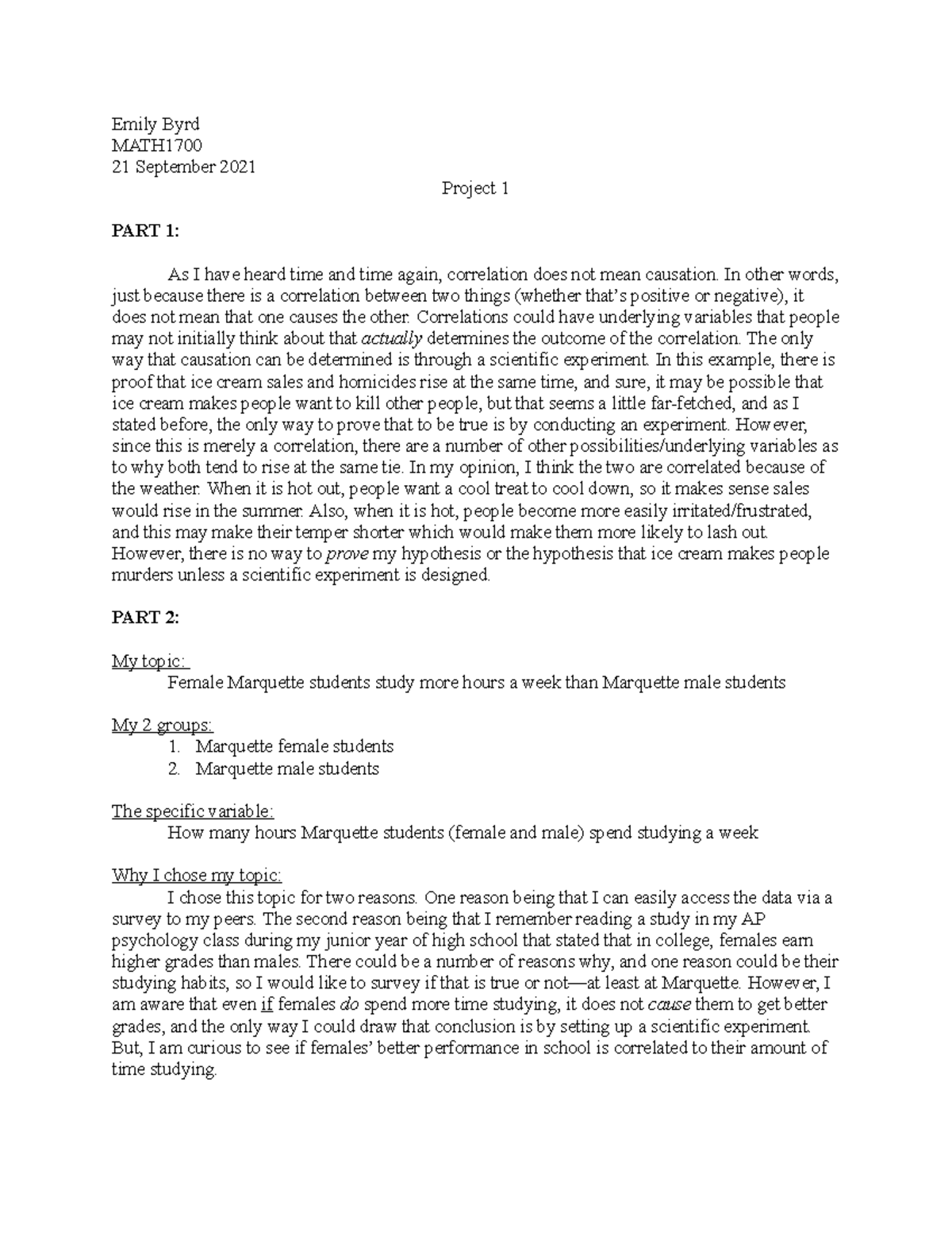 Project 1- MATH1700- Emily Byrd - Emily Byrd MATH 21 September 2021 ...