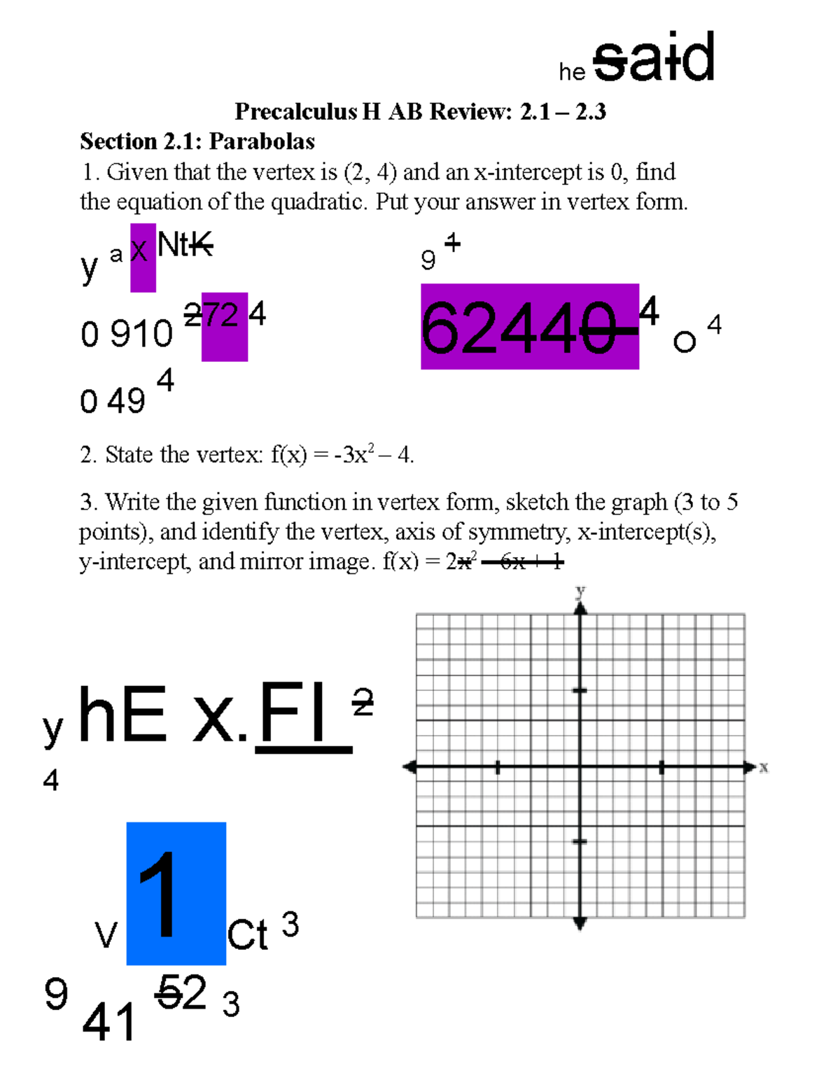 Review for test - he said Precalculus H AB Review: 2 – 2. Section 2 ...