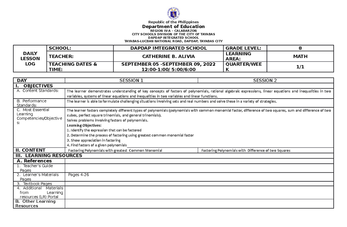 SEPT 04 08 2023 MATH8 - ... - Republic of the Philippines Department of ...
