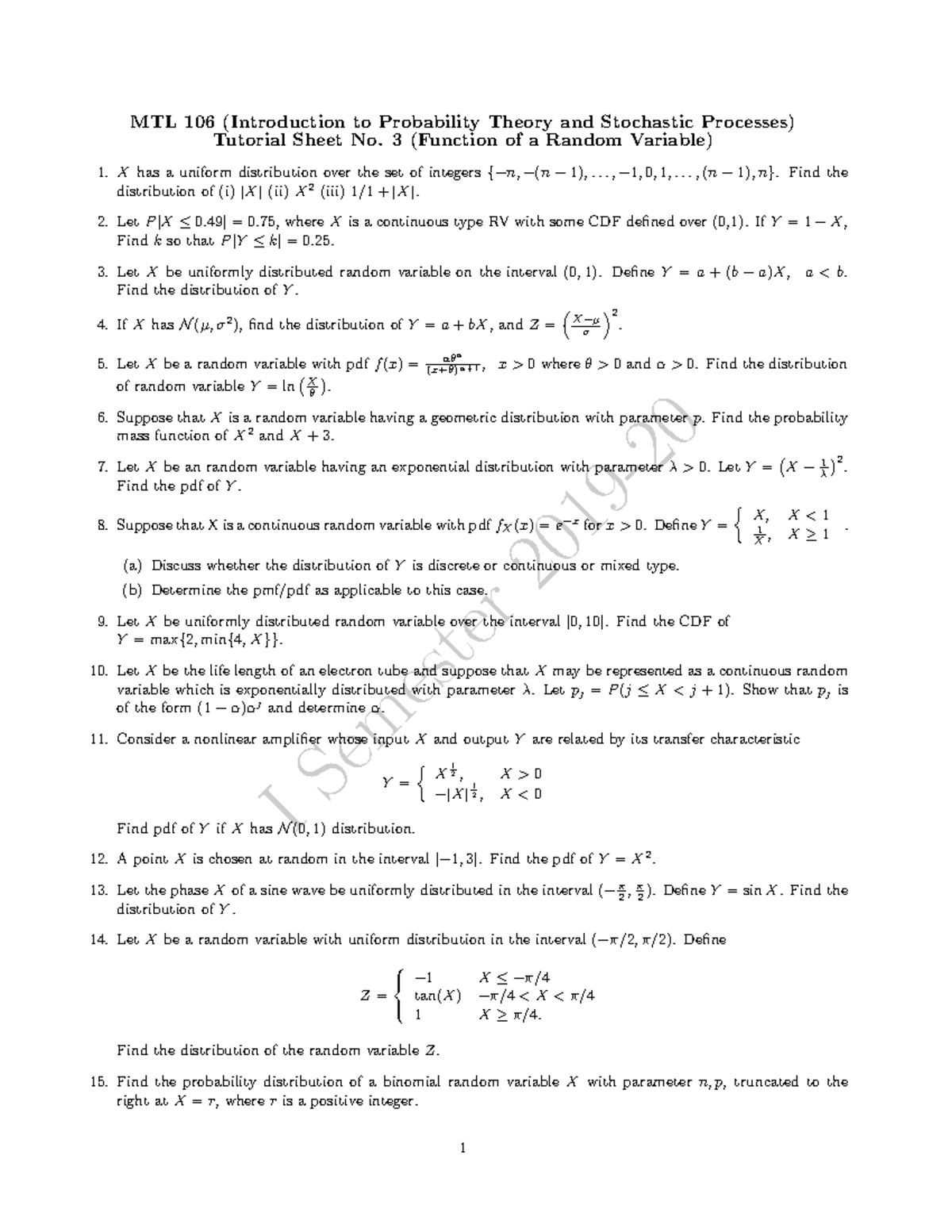 Functions of Random vsrisble IIT Delhi - I Semester 2019- MTL 106 ...