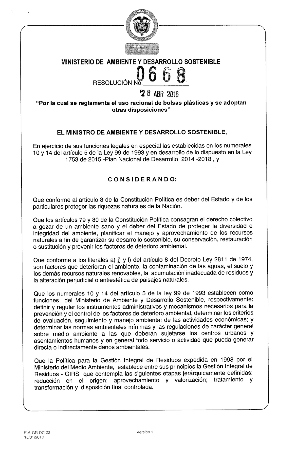 Resolucion 668 De 2016 Minambiente Bolsas Plasticas 1 - Contaduría ...