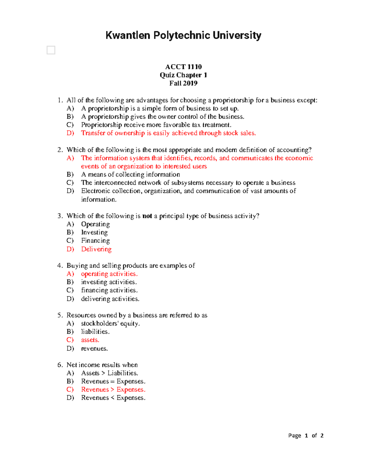ACCT 1110 practice in class - Page 1 of 2 Kwantlen Polytechnic ...