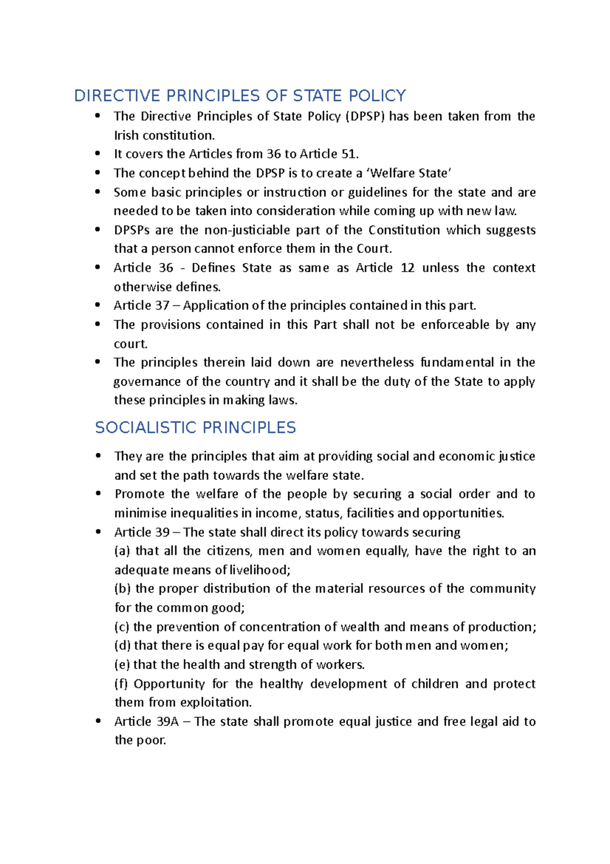 Directive Principles OF State Policy - It covers the Articles from 36 ...
