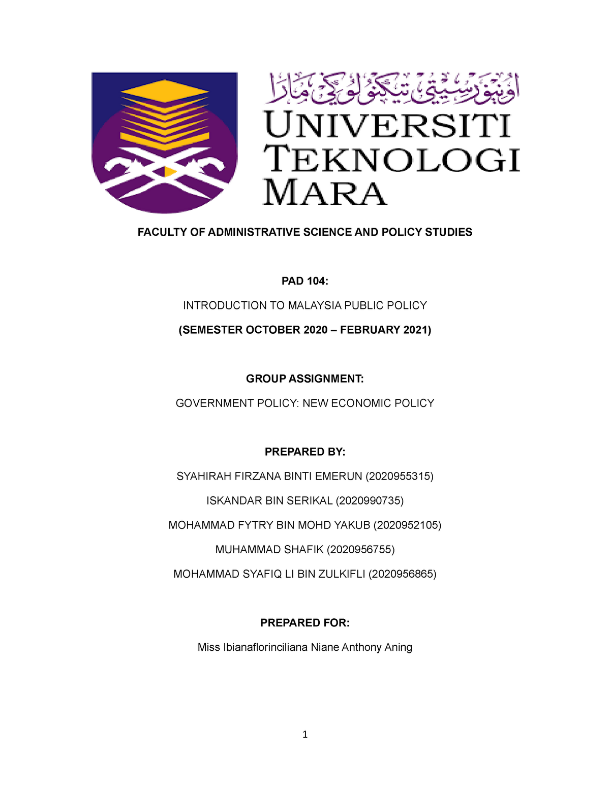 cover page assignment uitm