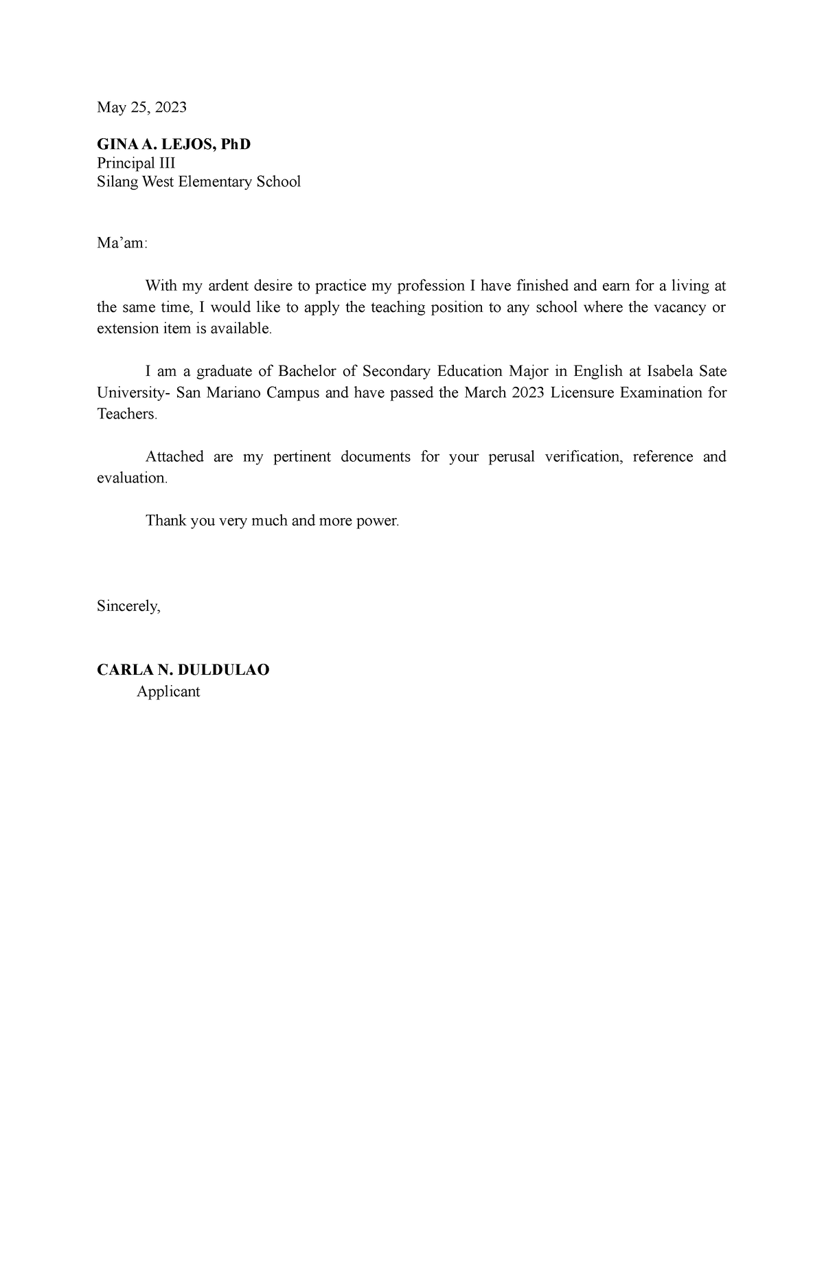 Letter Of Intent - May 25, 2023 Gina A. Lejos, Phd Principal Iii Silang 