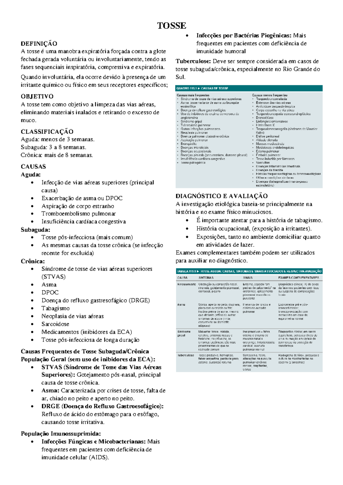 Tosse - Resumo Raciocínio Clínico - TOSSE DEFINIÇÃO A tosse é uma ...