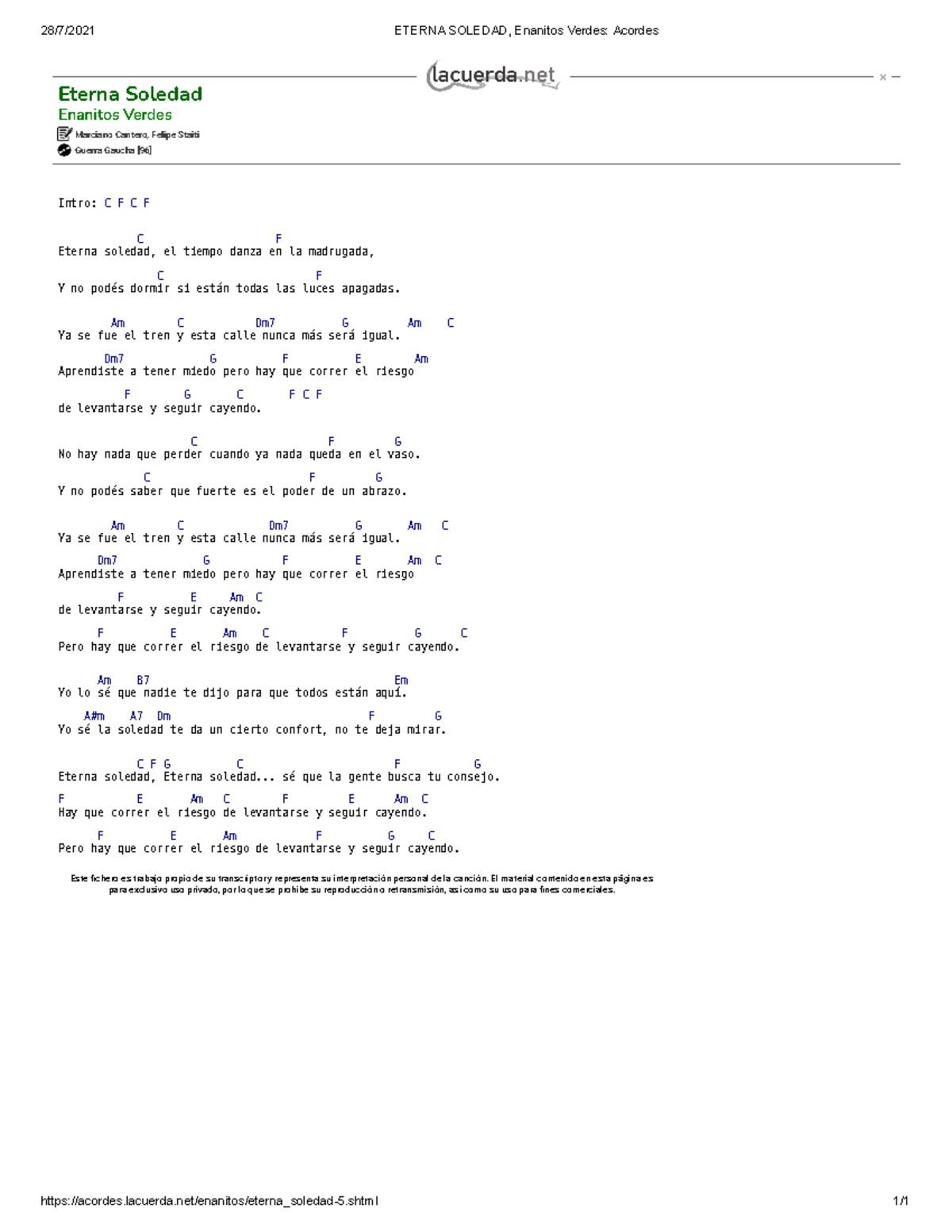 Eterna Soledad, Enanitos Verdes Acordes Guitarra UNAD Studocu