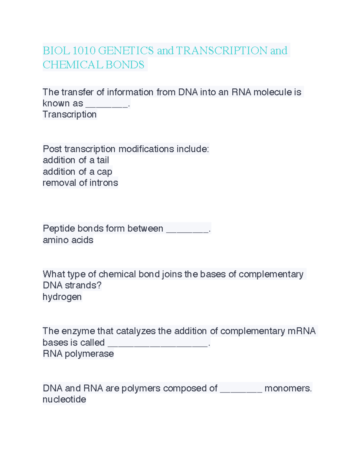 BIOL 1010 BondsTranscription Flashcard Material