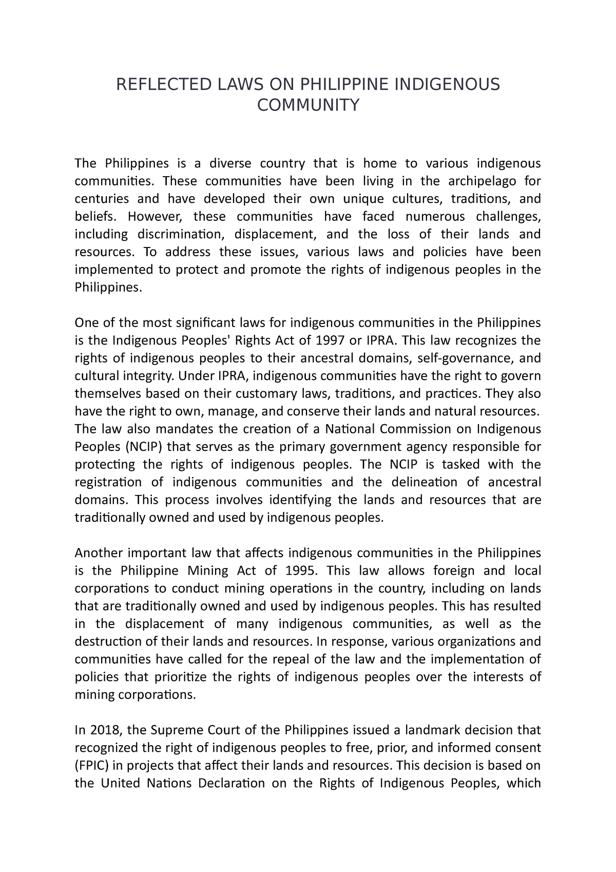 Reflected LAWS ON Philippine Indigenous Community - REFLECTED LAWS ON ...