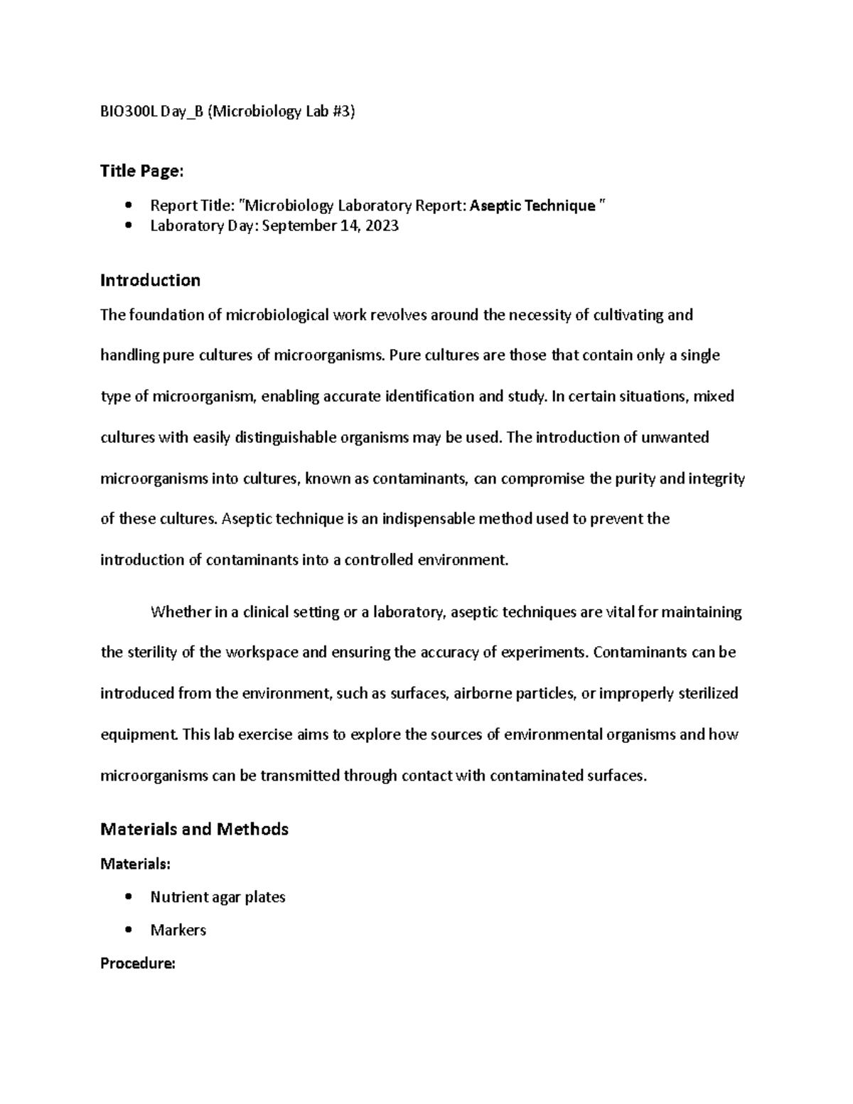 BIO 300L Lab 2 Report Aseptic Technique BIO300L Day_B