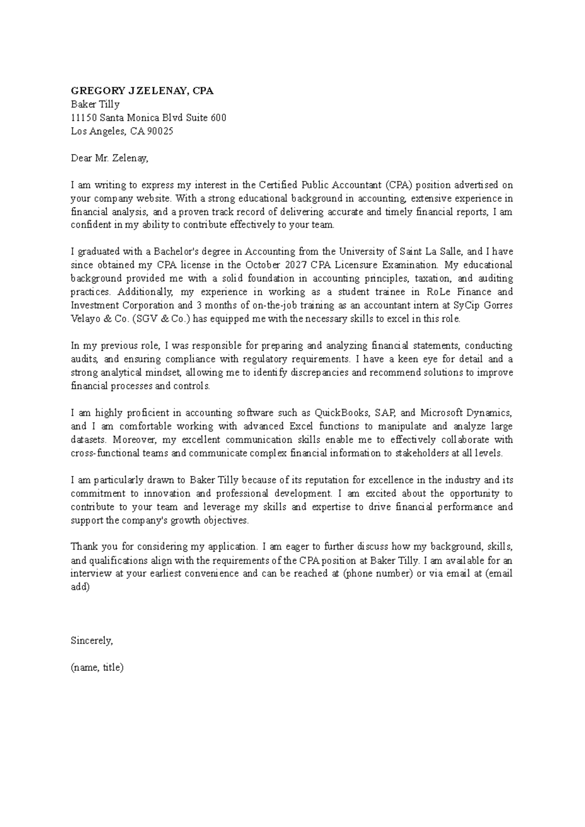 PCOM Application Letter - GREGORY J ZELENAY, CPA Baker Tilly 11150 ...