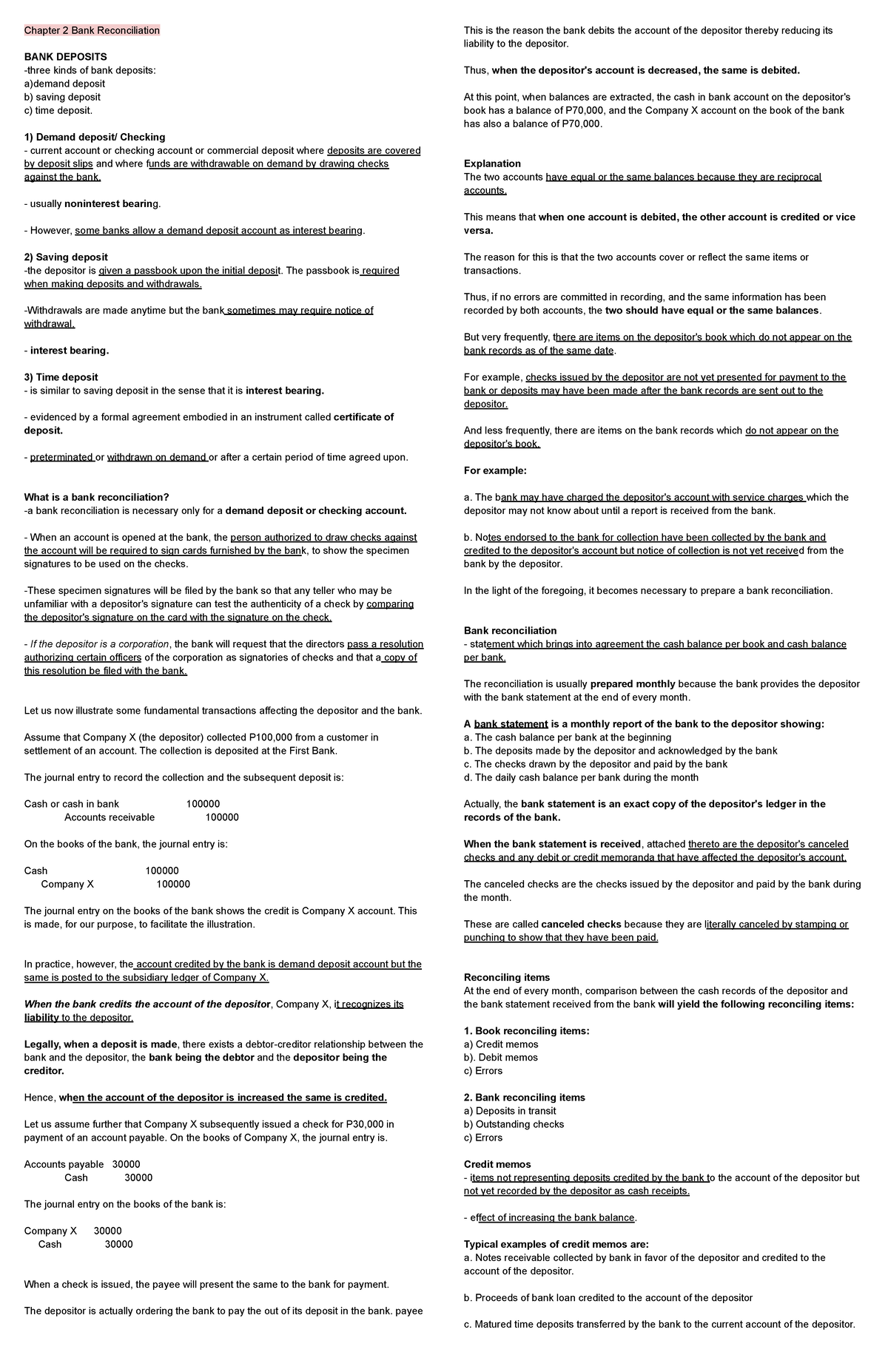 IA Chap 2 And 4 - Notes - Chapter 2 Bank Reconciliation BANK DEPOSITS ...