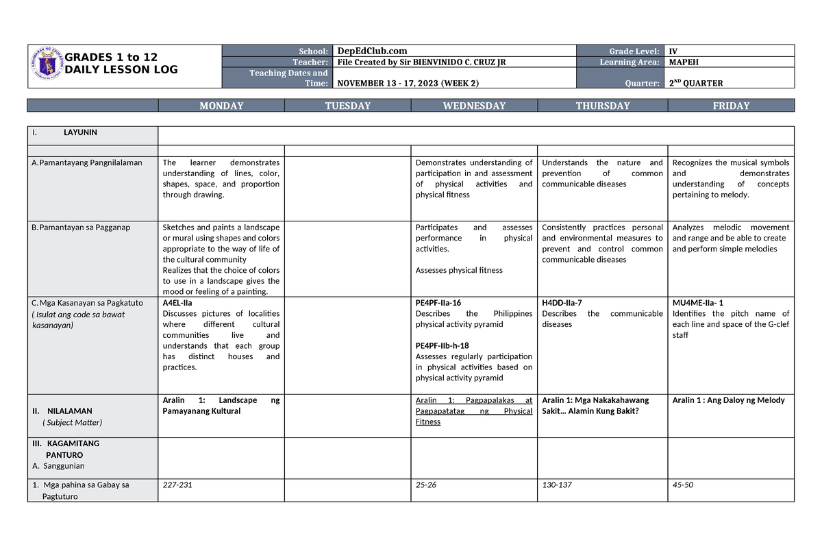 DLL Mapeh 4 Q2 W2 - sjdjtrjfznrtjrtj - GRADES 1 to 12 DAILY LESSON LOG ...