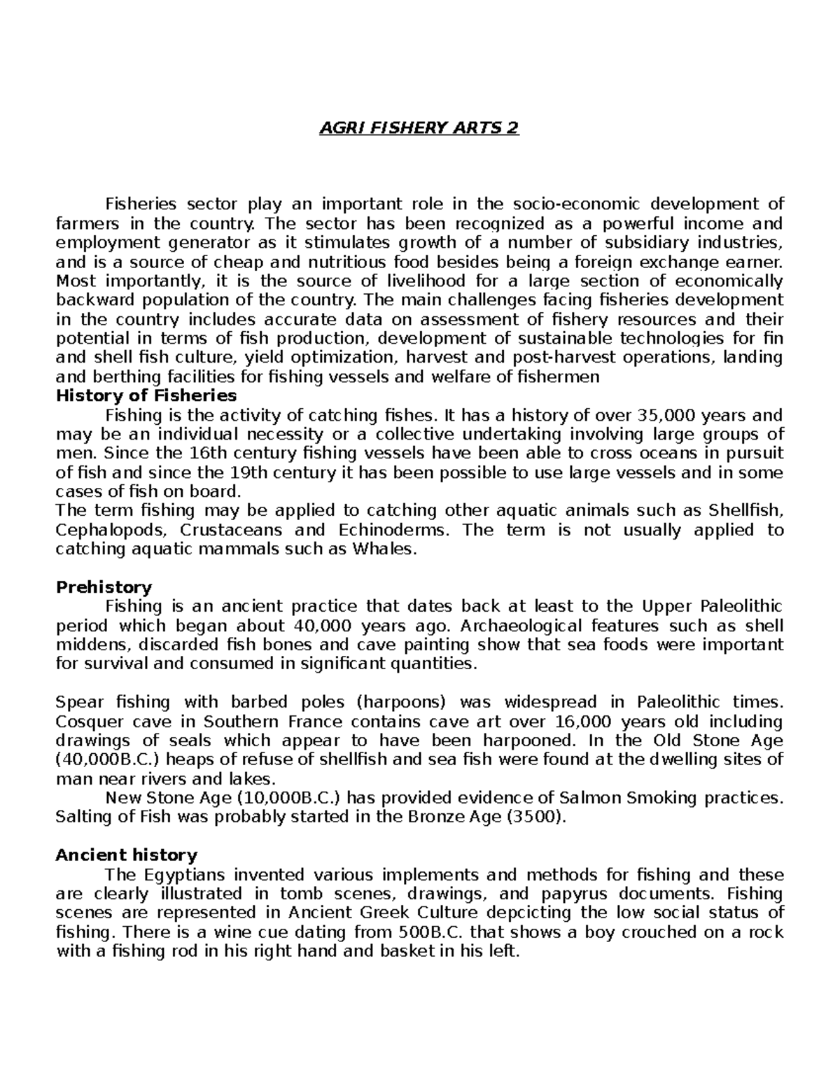 AGRI Fishery ARTS 2 Notes and Activities AGRI FISHERY ARTS 2 Fisheries sector play an