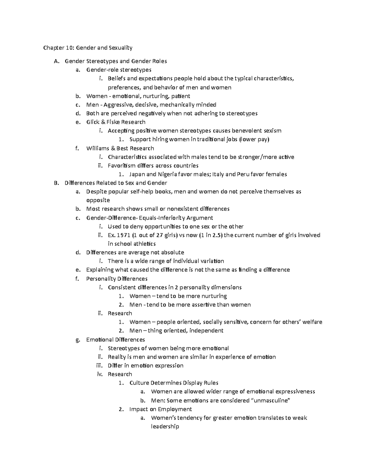 Chapter 10 Notes - Chapter 10: Gender And Sexuality A. Gender ...