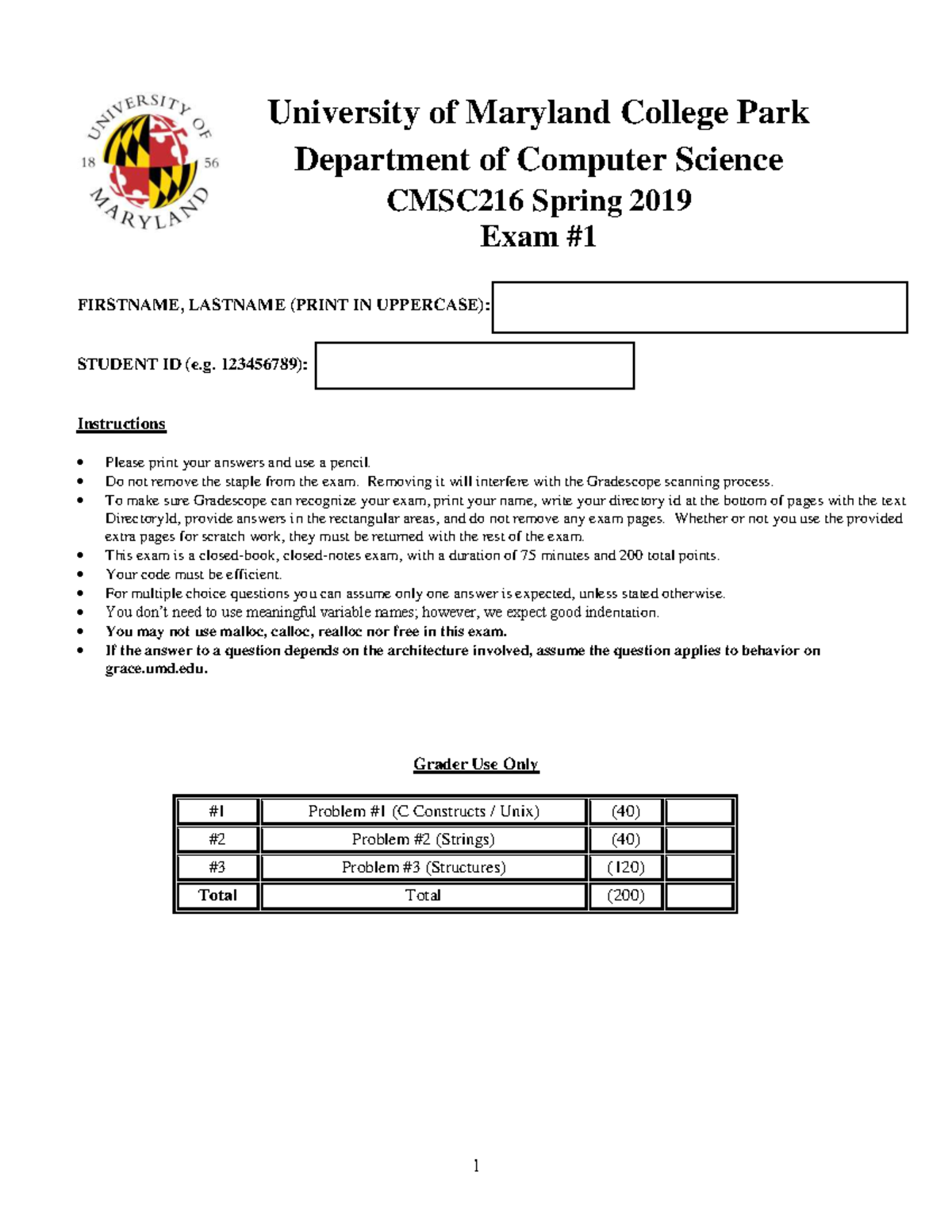 Exam I 216Spring 19 - Exam - University of Maryland College Park ...