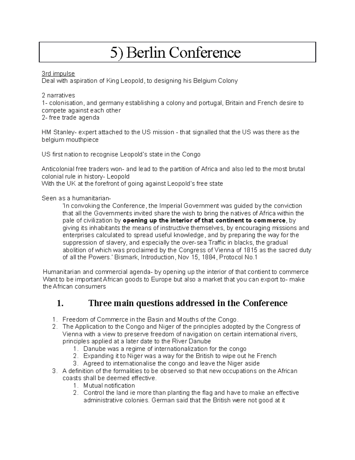 5) Berlin Conference notes 5) Berlin Conference 3rd impulse Deal with