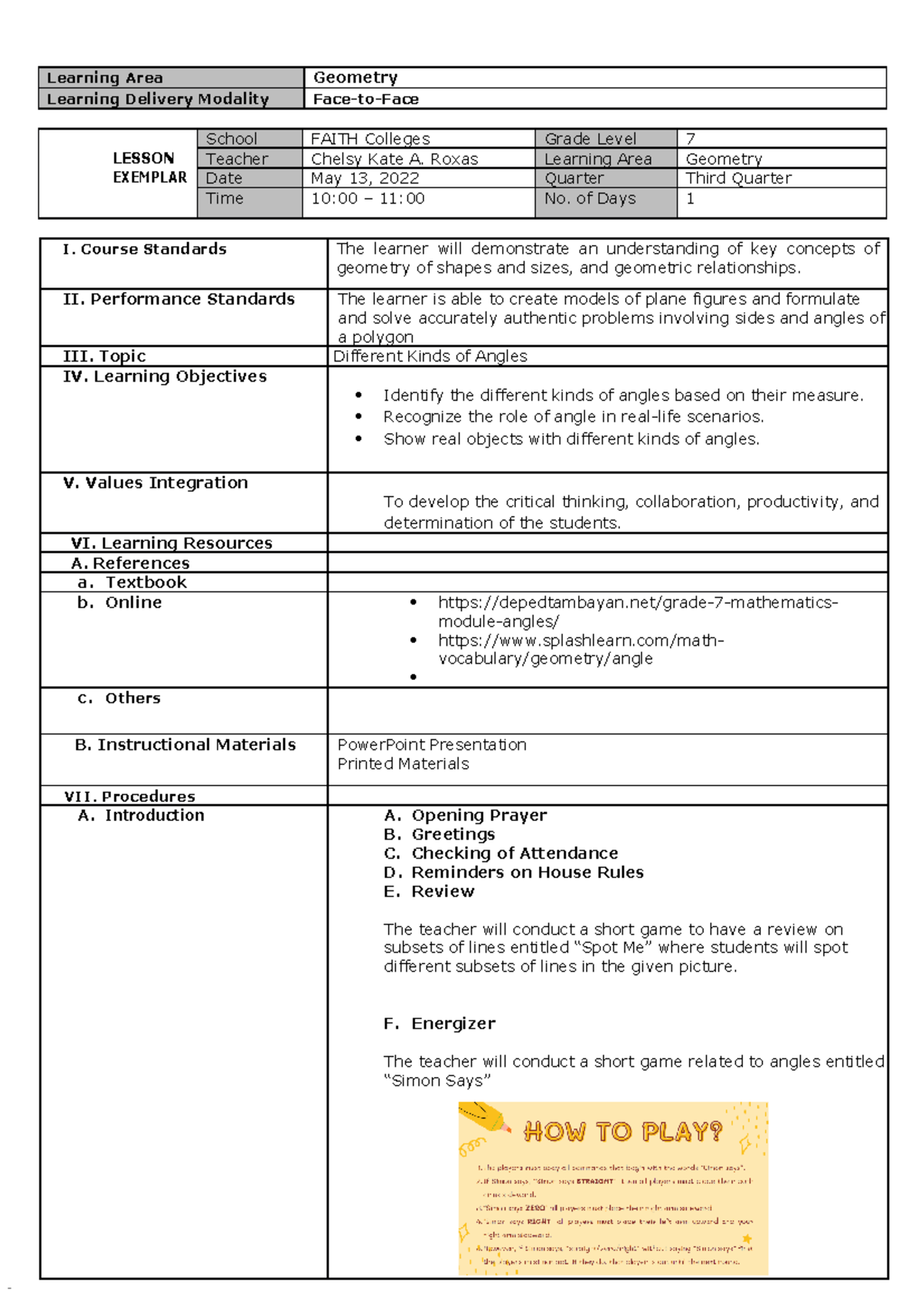 Lesson-Plan-Format - Format for lesson plan - Learning Area Geometry ...