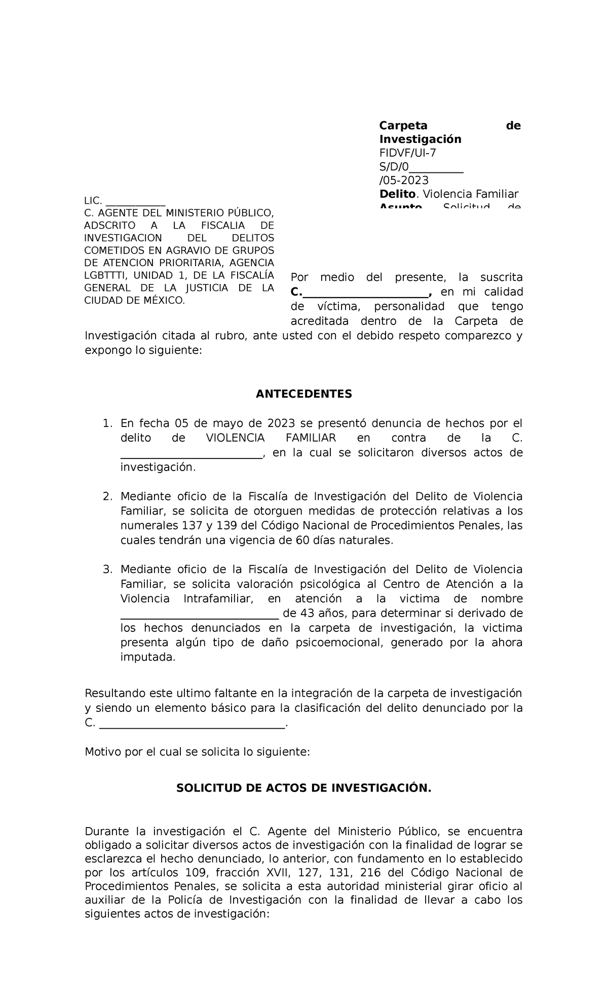Solicitud DE Actos DE Investigacion - Por medio del presente, la