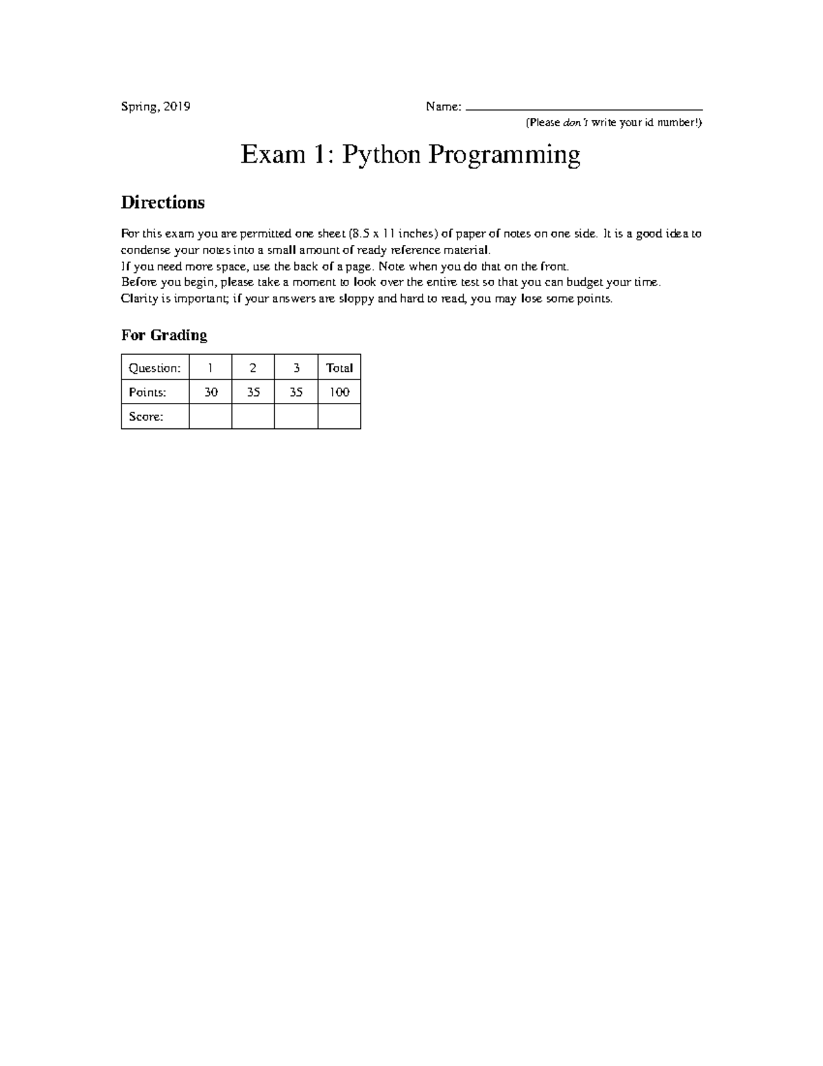Python Sample exam 2021 semester 1 with soloutions - Spring, 2019 Name ...
