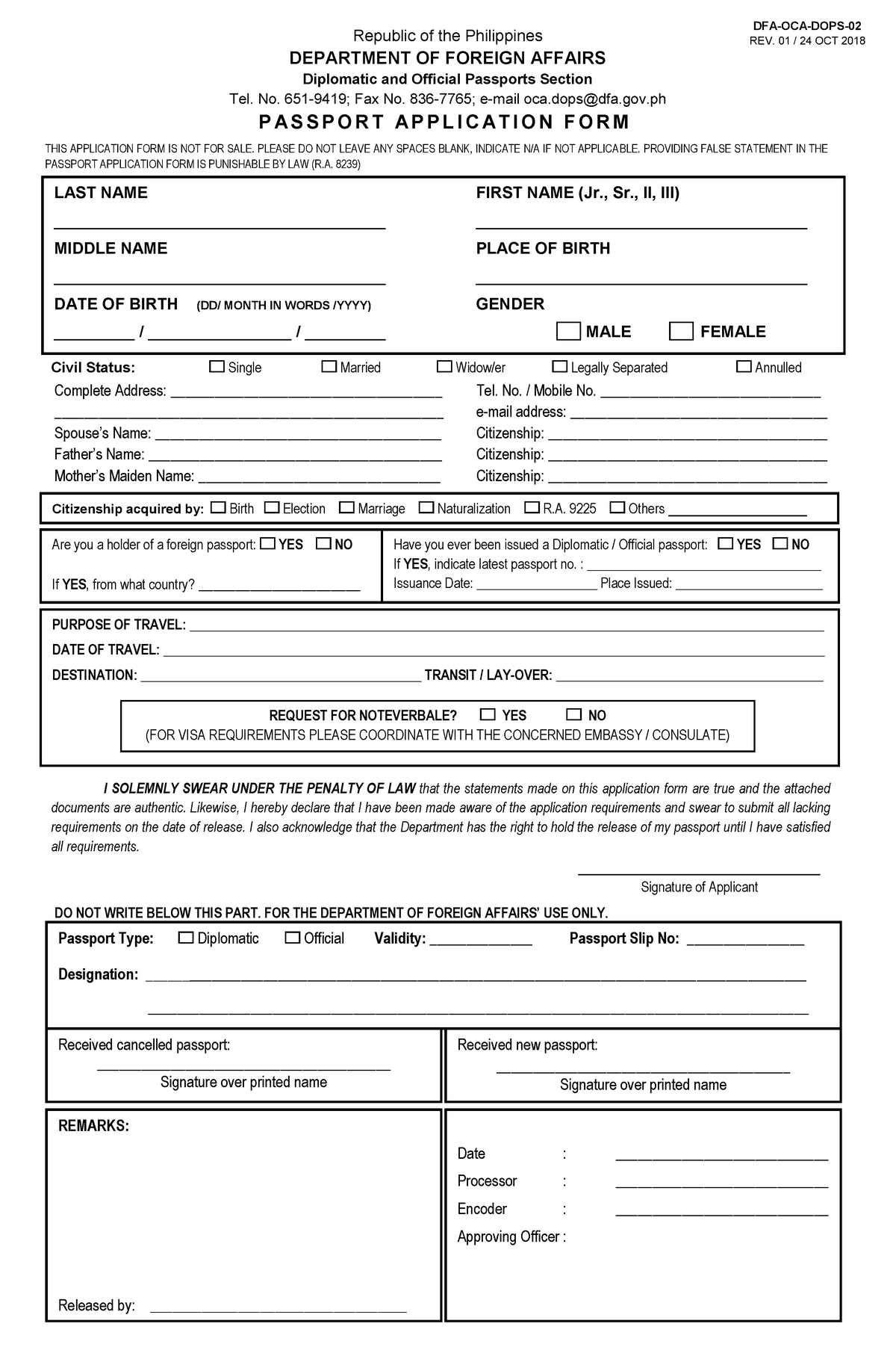 DOPS Passport Application Form Rev24Oct2018 - DFA-OCA-DOPS- 02 Republic ...