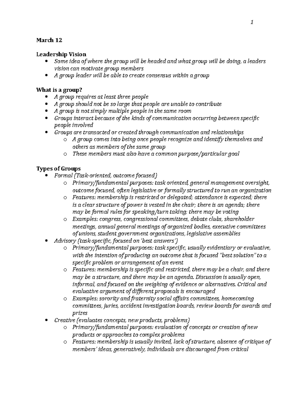 March 12 Notes from UAlbany class 1 March 12 Leadership Vision Some
