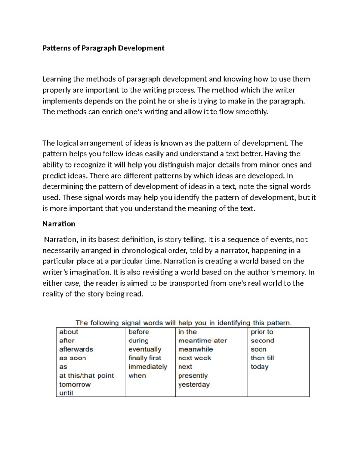Patterns of Paragraph Development w1 q1 - Patterns of Paragraph ...